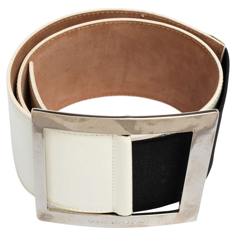 Dolce & Gabbana White/Black Patent Leather And Elastic Band Buckle Waist Belt 90CM