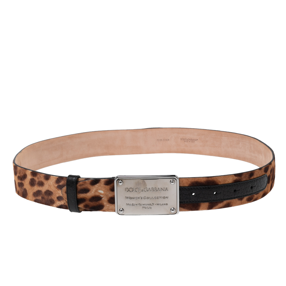 Dolce & Gabbana Brown Leopard Print Calf Hair Logo Plaque Belt 95CM