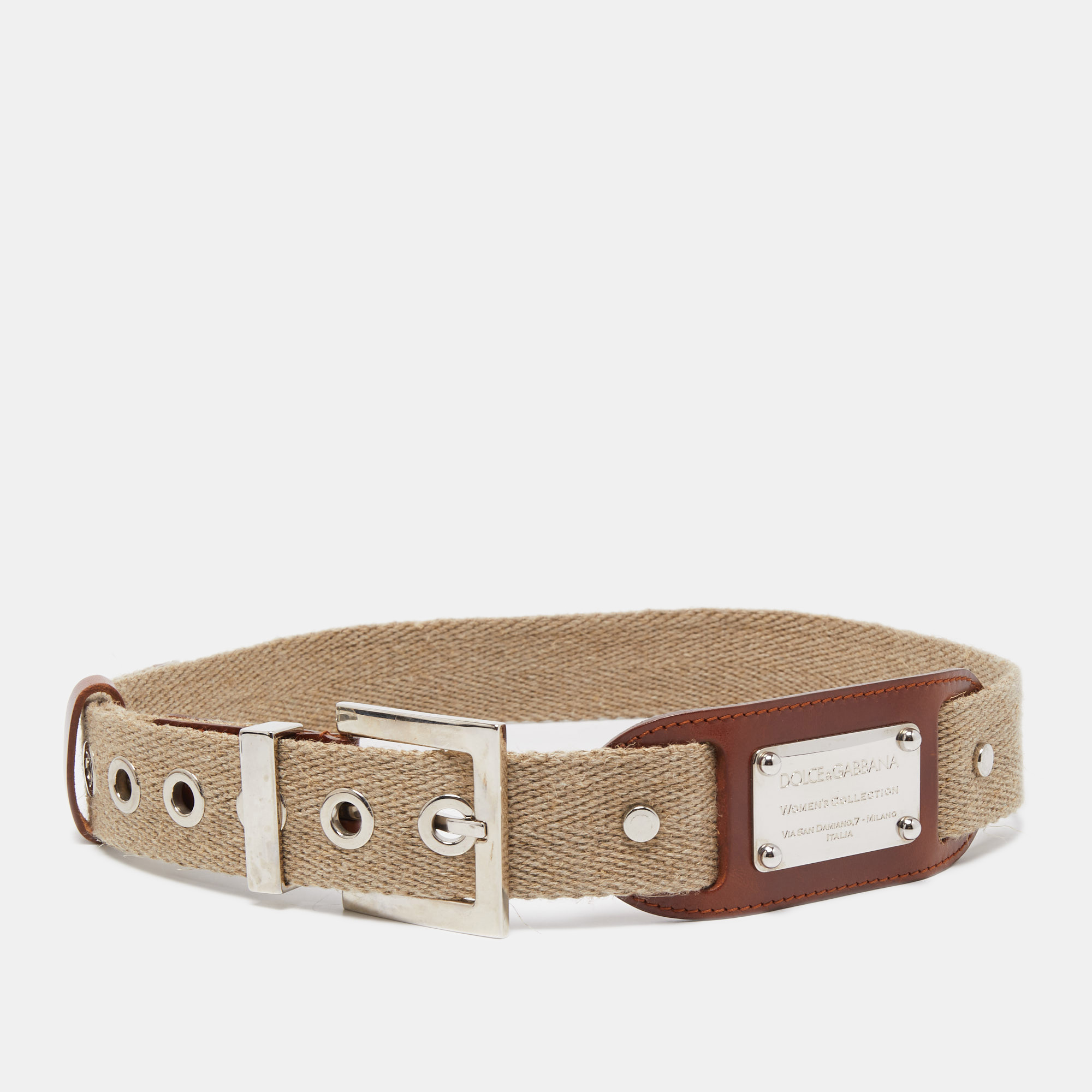 Dolce & gabbana beige canvas and leather plaque detail waist belt 80cm