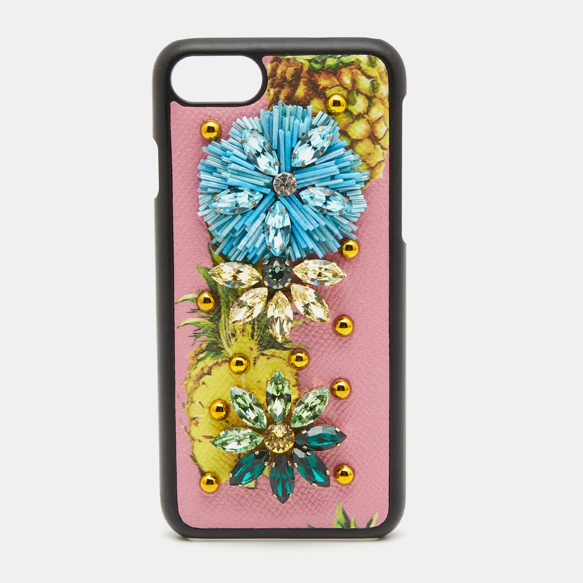 Dolce & Gabbana Pink/Yellow Fruit Print Leather Crystals Embellished IPhone 7 Cover