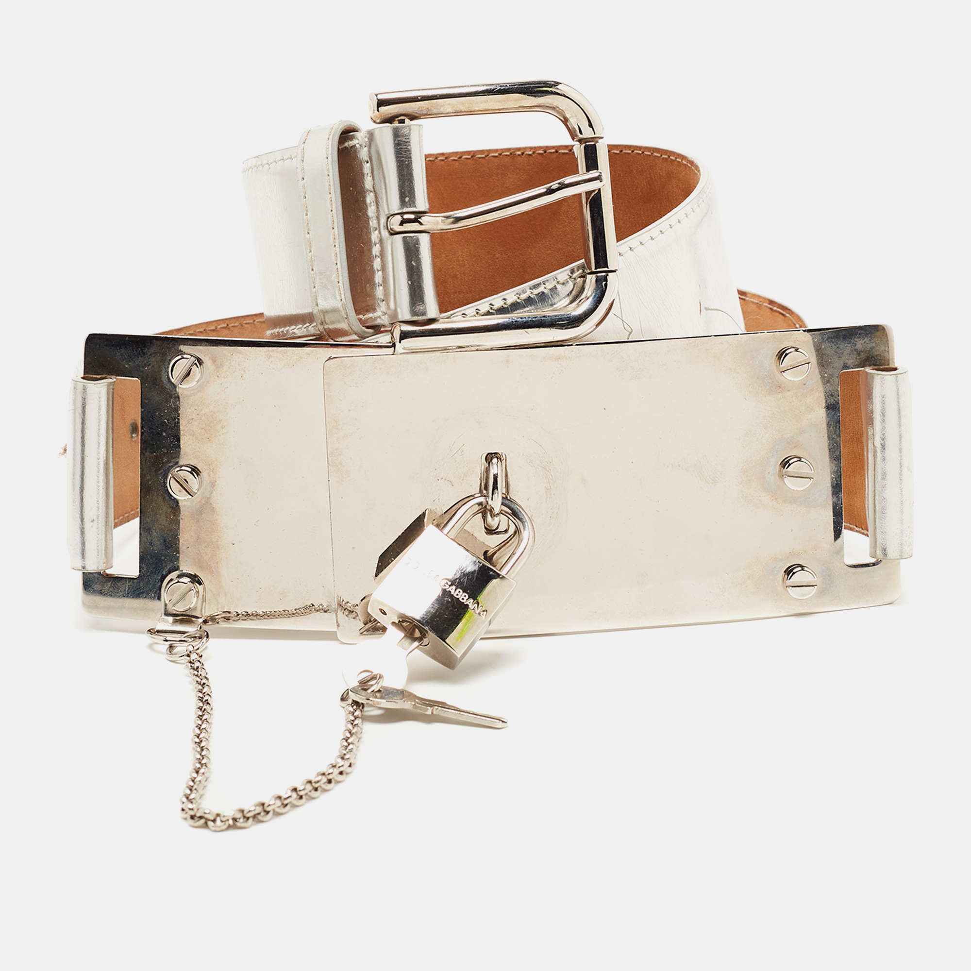 Dolce & Gabbana Silver Leather Padlock Metal Waist Belt 90CM