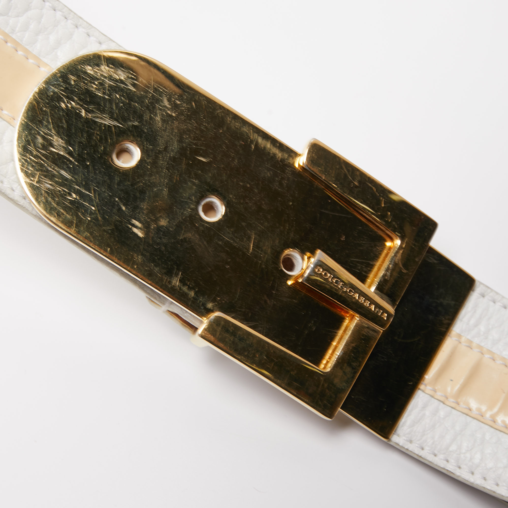Dolce & Gabbana White/Beige Patent And Leather Metal Detail Buckle Belt 85CM