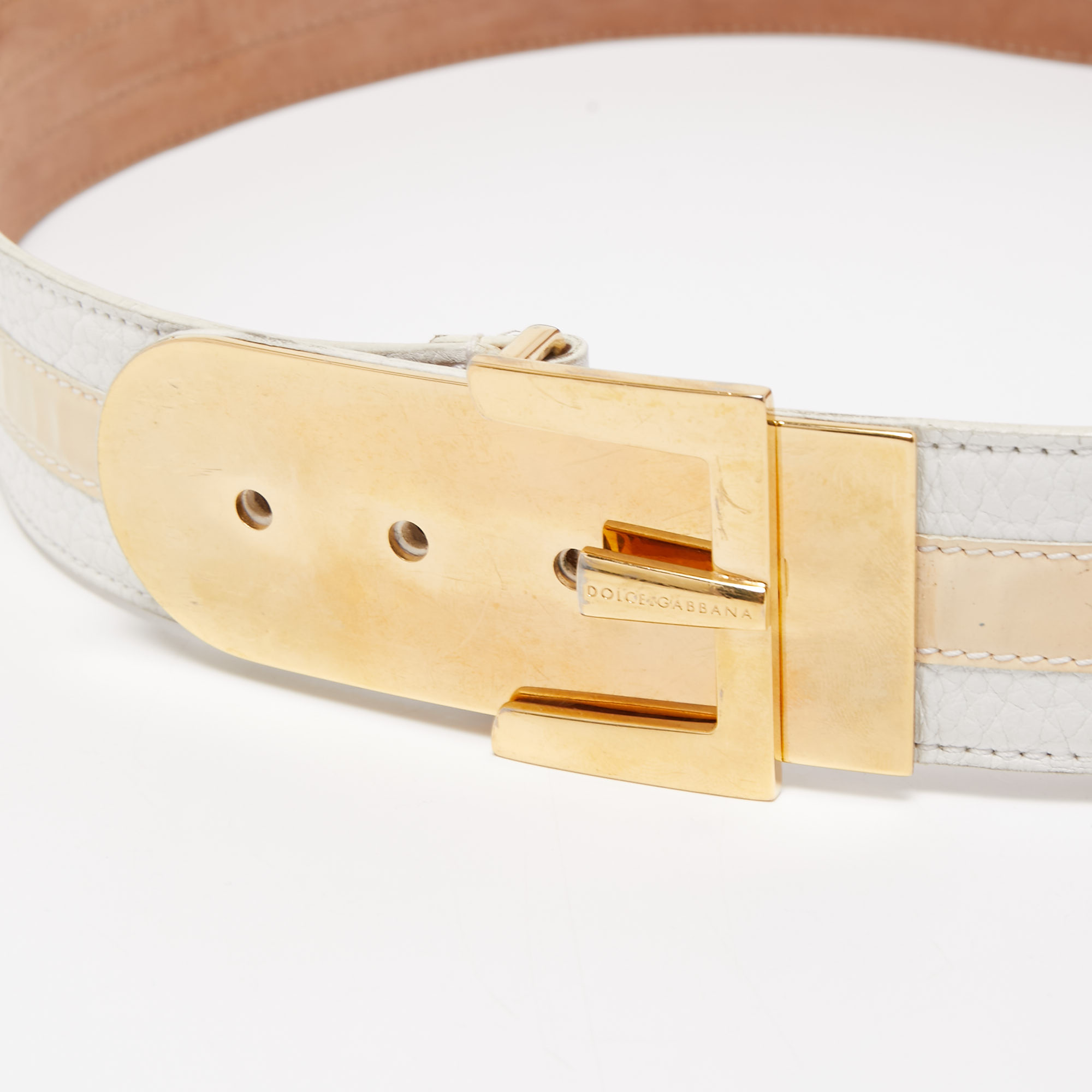 Dolce & Gabbana White/Beige Patent And Leather Metal Detail Buckle Belt 85CM