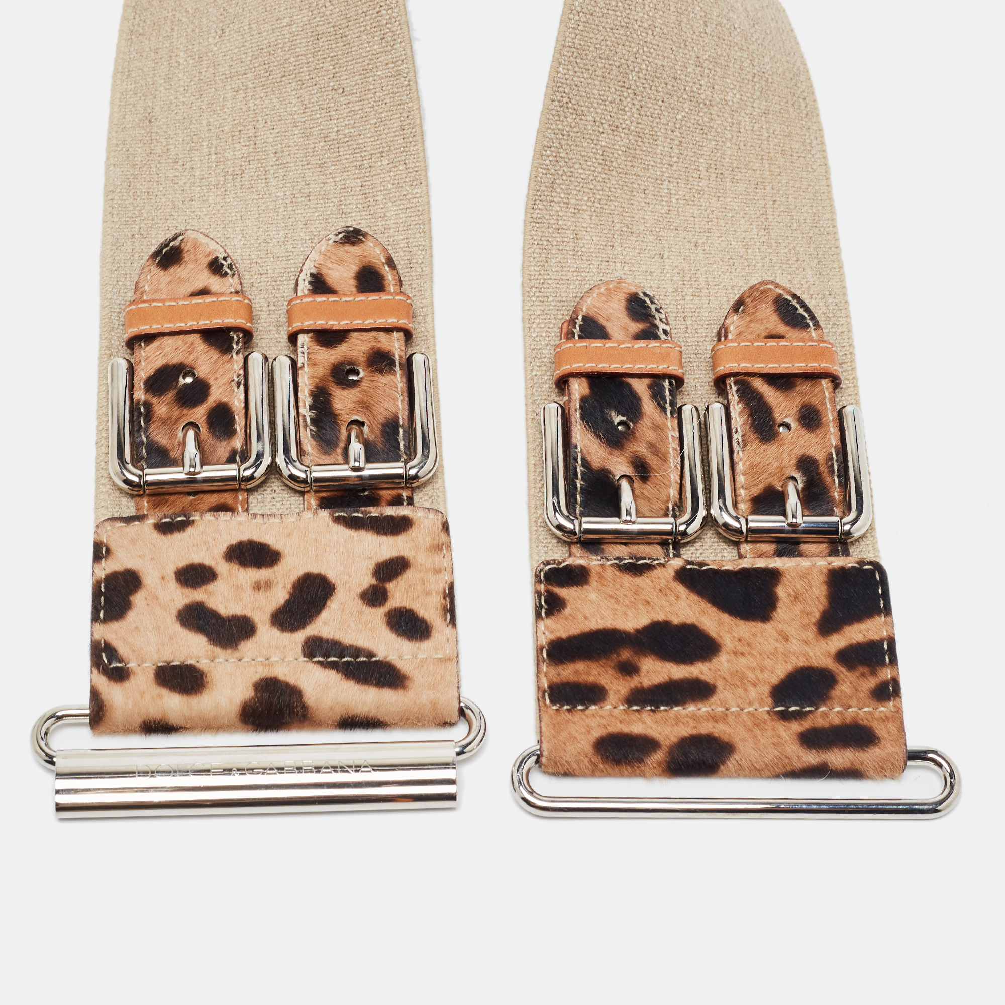 Dolce & Gabbana Brown/Beige Leopard Print Calfhair And Elastic Canvas Double Buckle Waist Belt 75CM