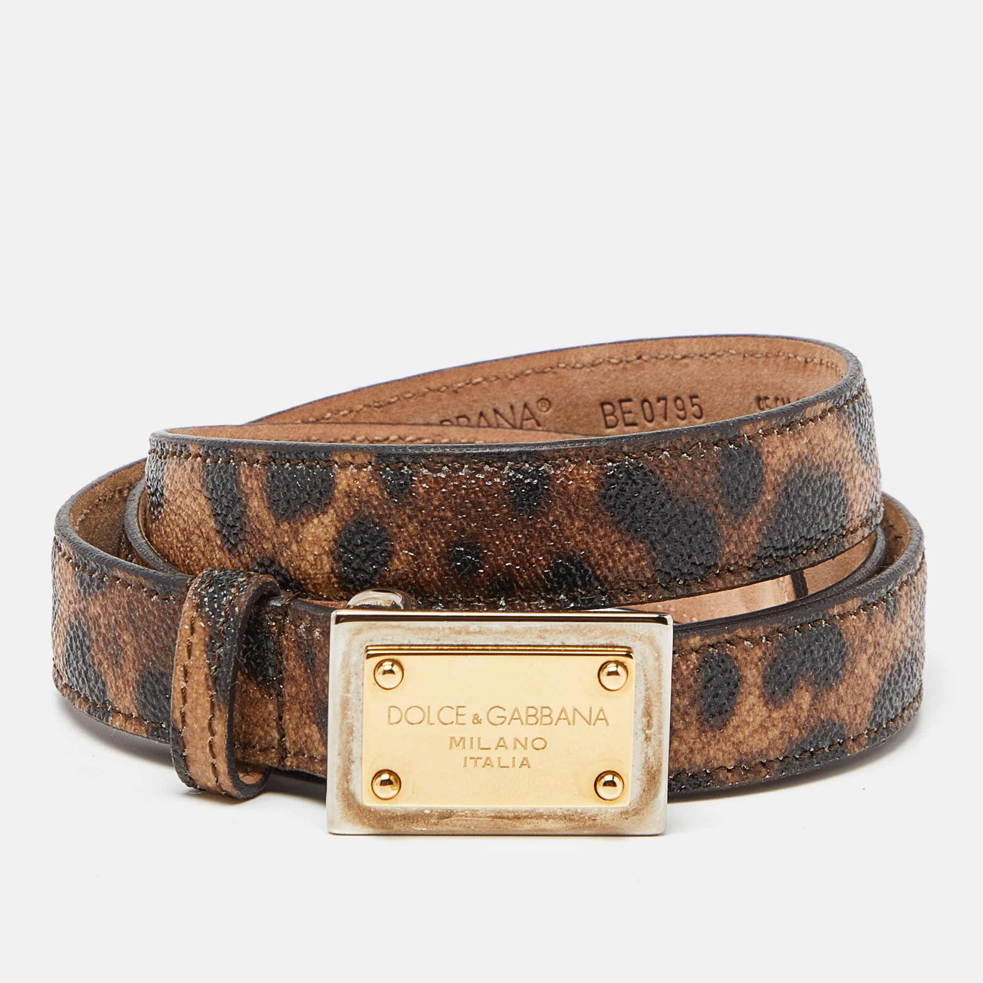 Dolce & Gabbana Brown Leopard Print Leather Logo Plaque Belt 95CM