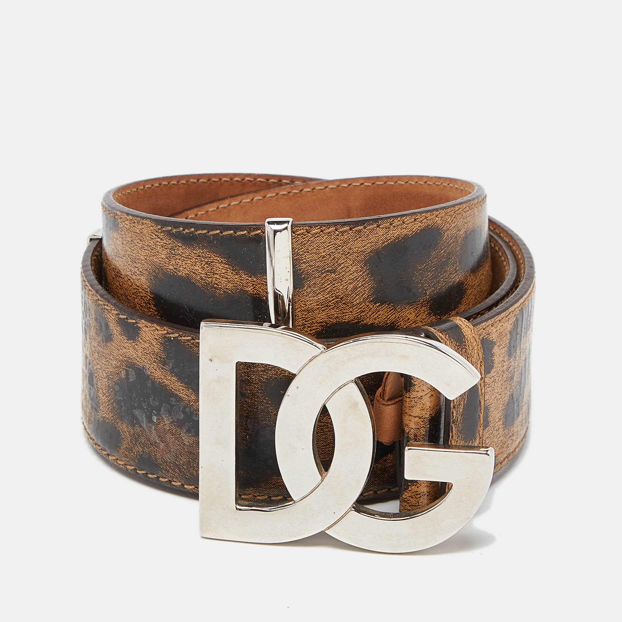 Dolce & Gabbana Beige/Black Leopard Print Patent Leather DG Logo Buckle Belt 80CM