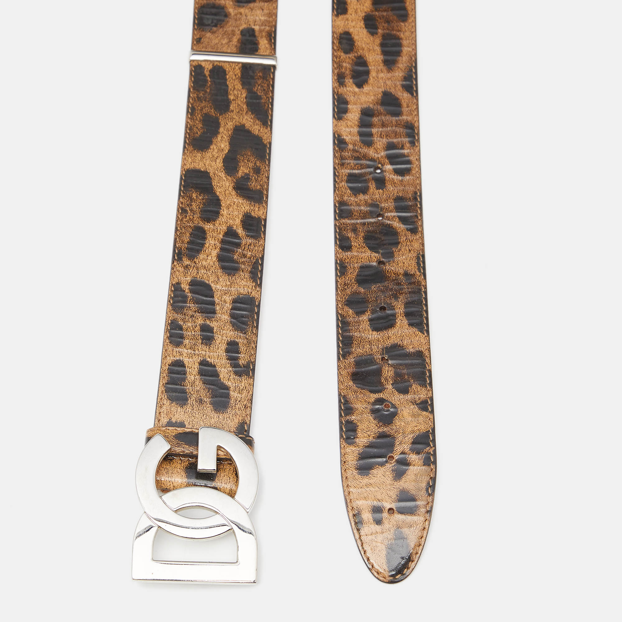Dolce & Gabbana Beige/Black Leopard Print Patent Leather DG Logo Buckle Belt 80CM