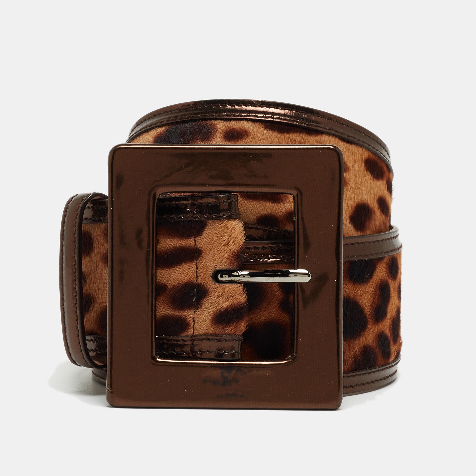 Dolce & gabbana bronze/beige leopard print calf hair and patent leather wide buckle belt 80cm