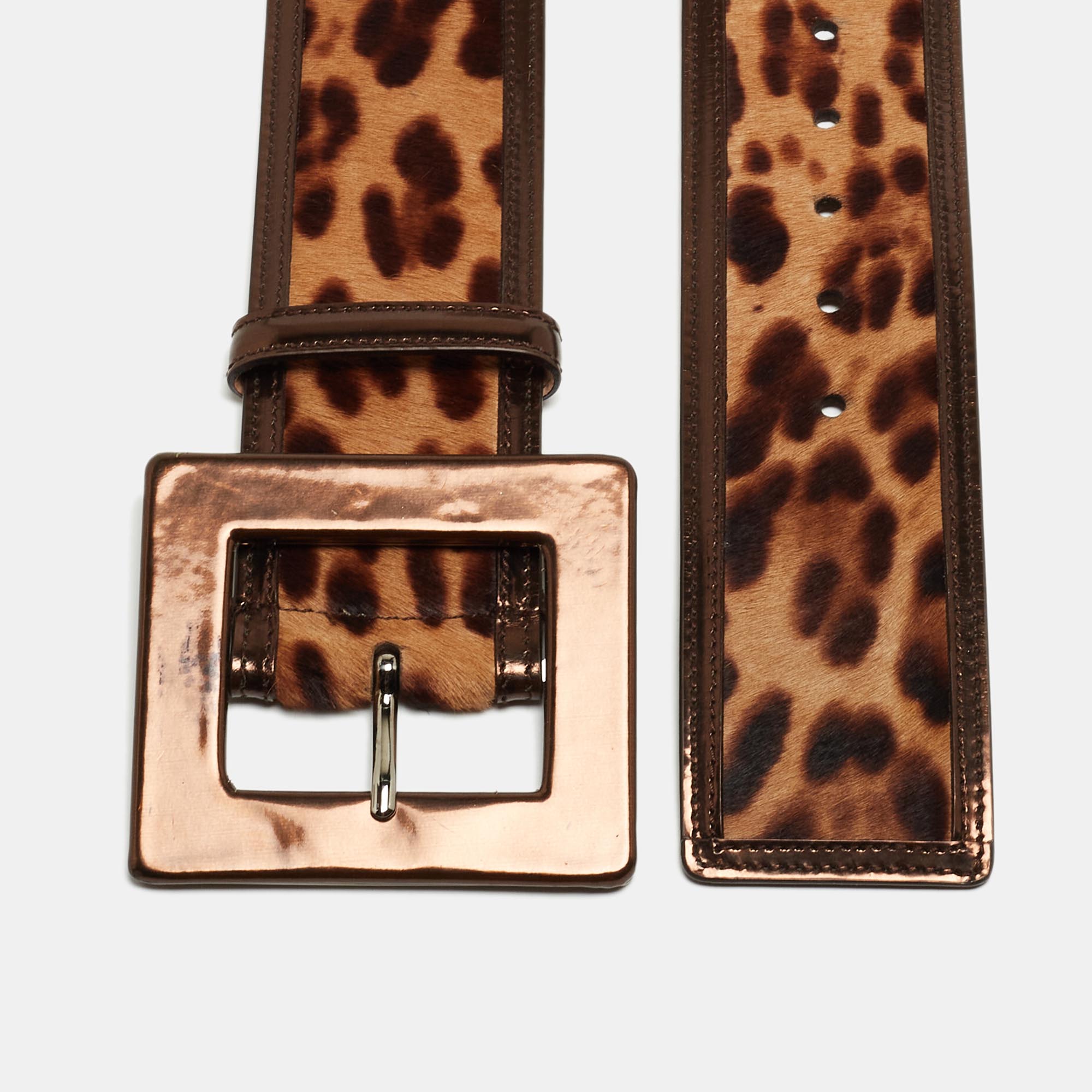 Dolce & Gabbana Bronze/Beige Leopard Print Calf Hair And Patent Leather Wide Buckle Belt 80CM