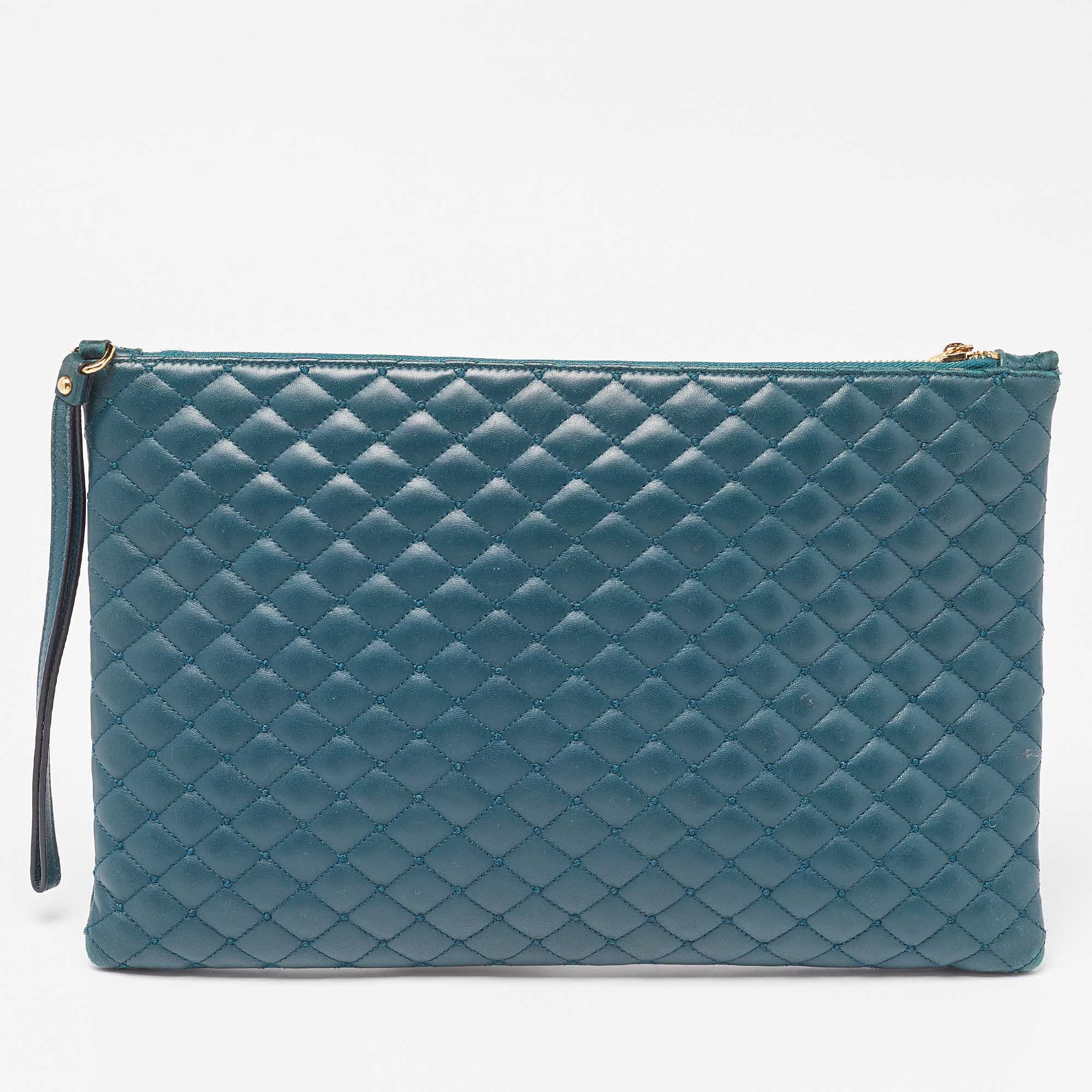 Dolce & Gabbana Green Quilted Leather Laptop Wristlet Case