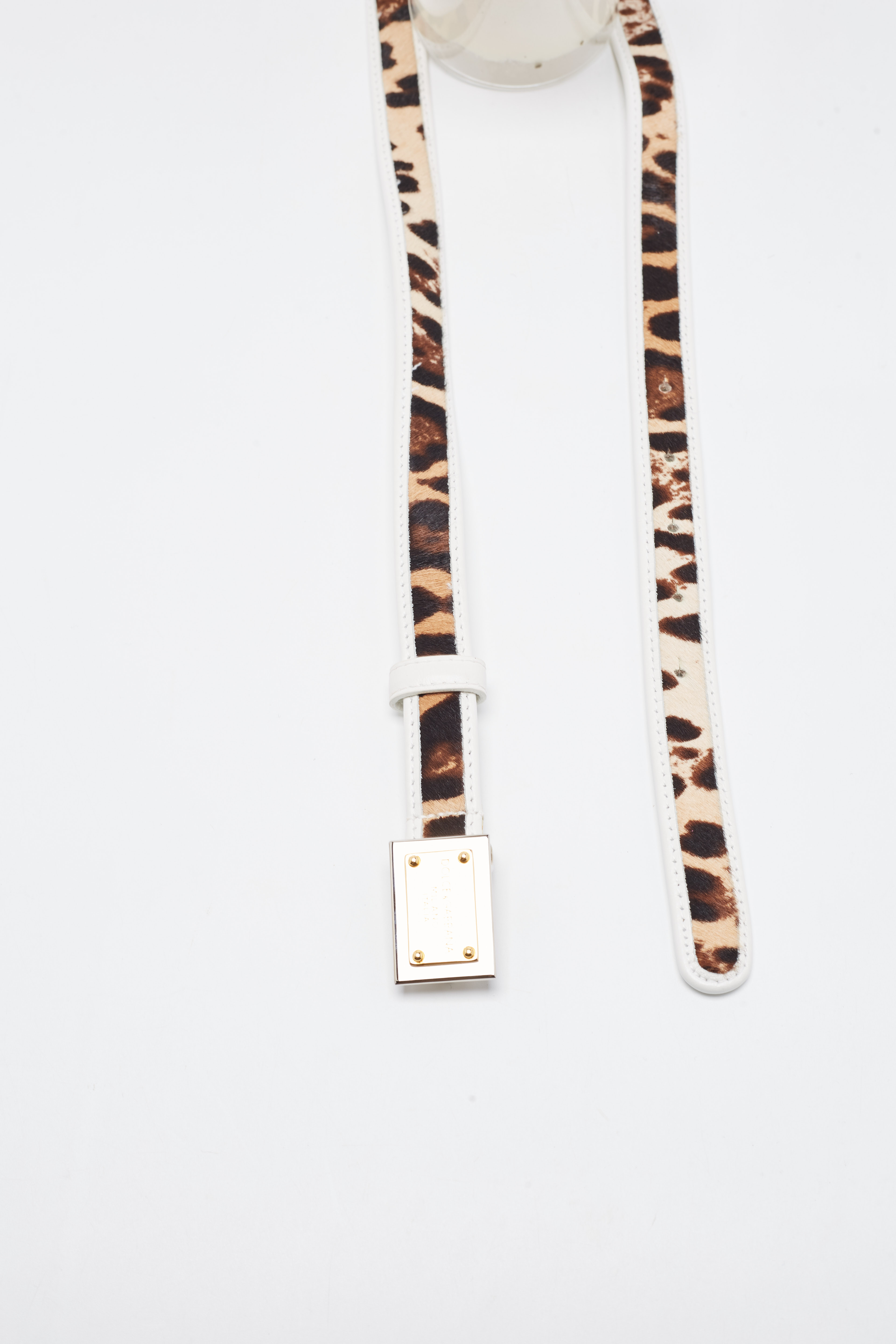 Dolce & Gabbana White/Brown Leaopard Print Calfhair And Leather Logo Plague Slim Belt 75CM