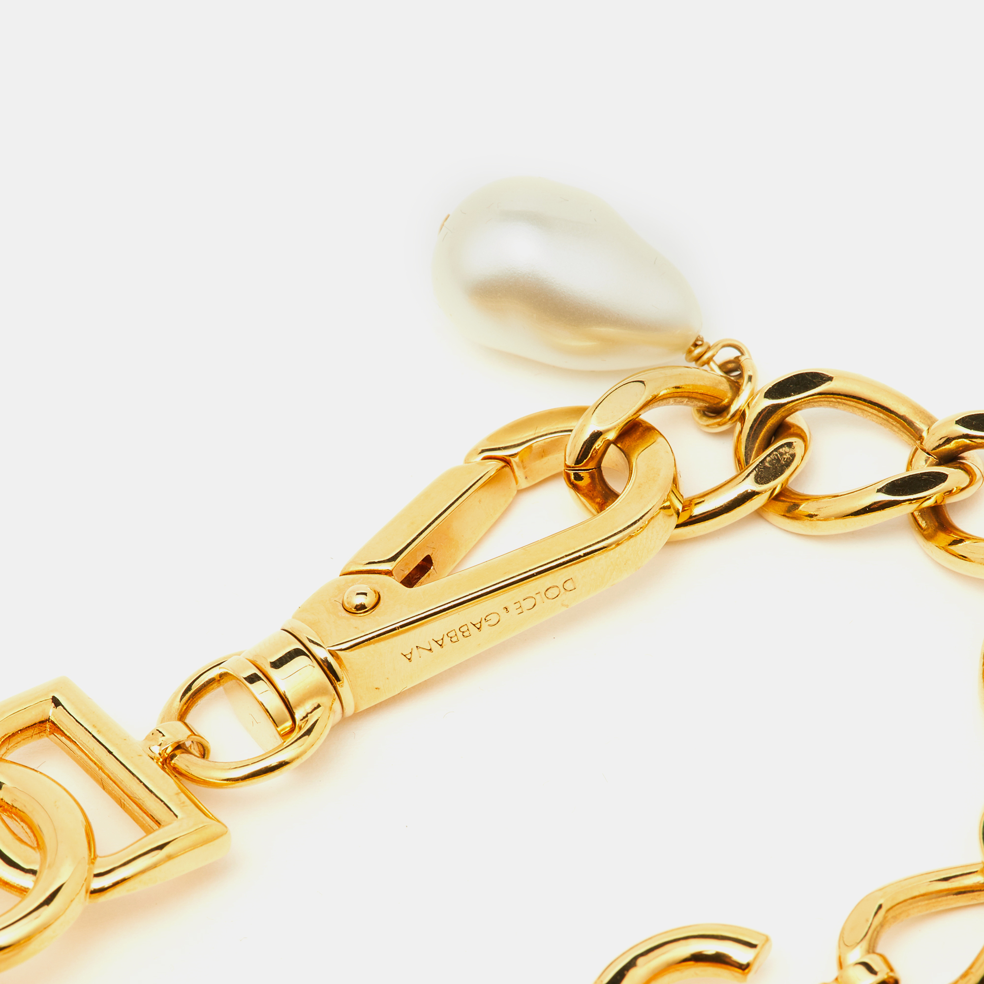 Dolce & Gabbana DG Motif Faux Pearl Gold Tone Chain Link Bracelet