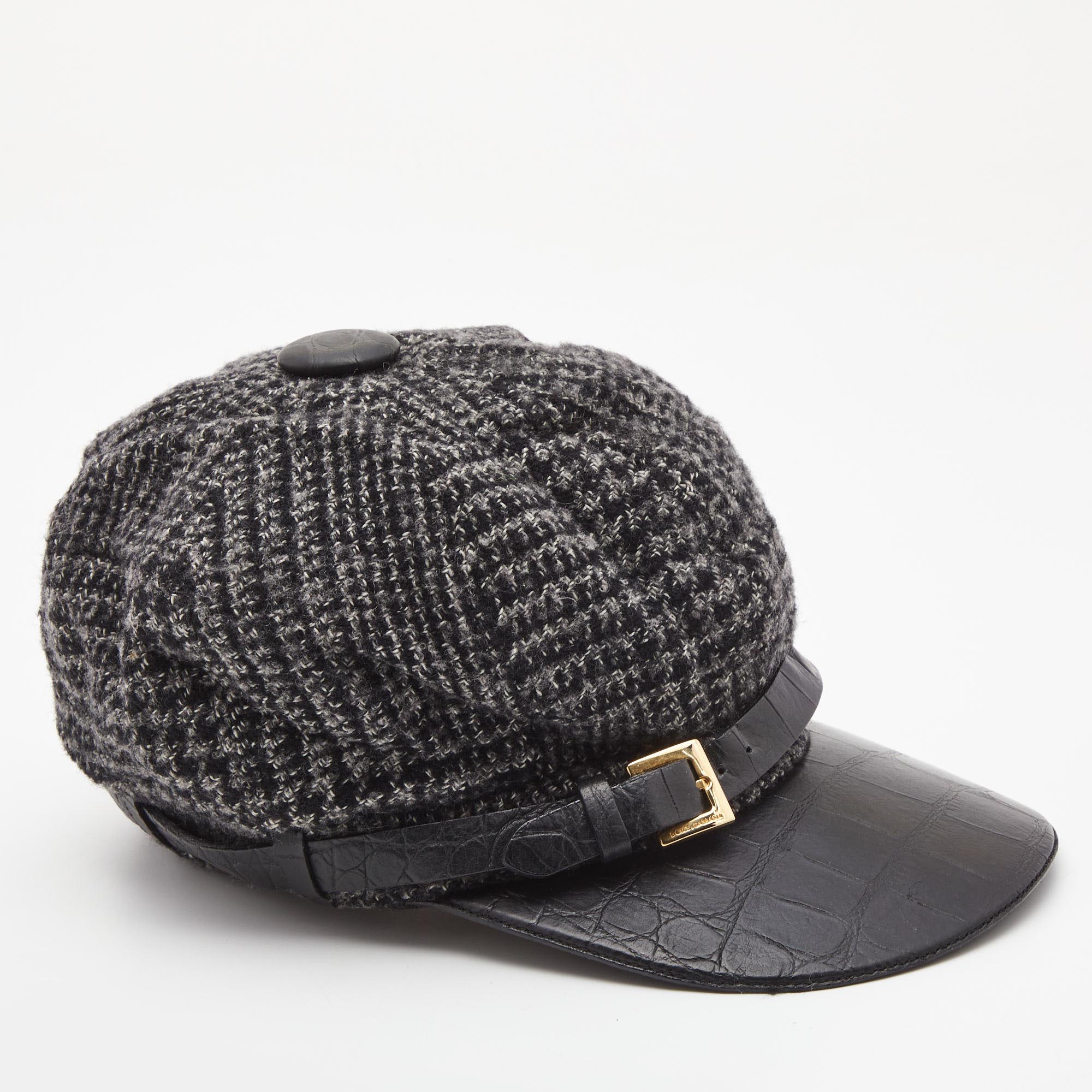 Dolce & gabbana black wool knit croc embossed leather baseball cap size 57