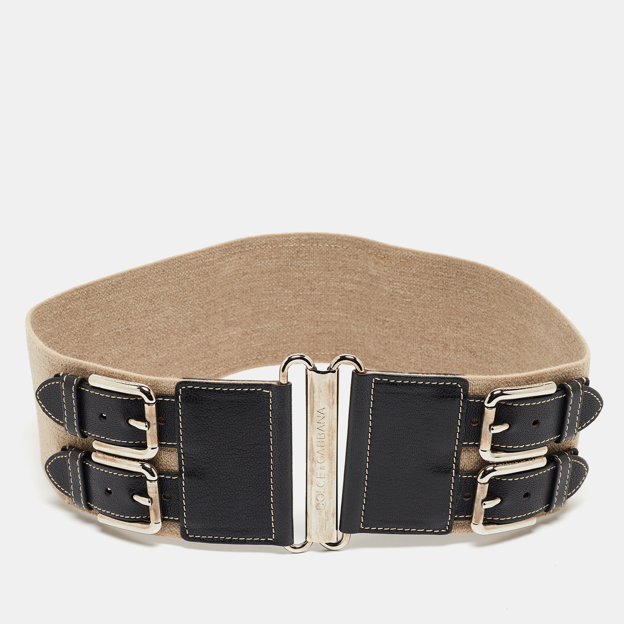 Dolce & gabbana beige/black elastic and leather double buckle wide belt 75cm