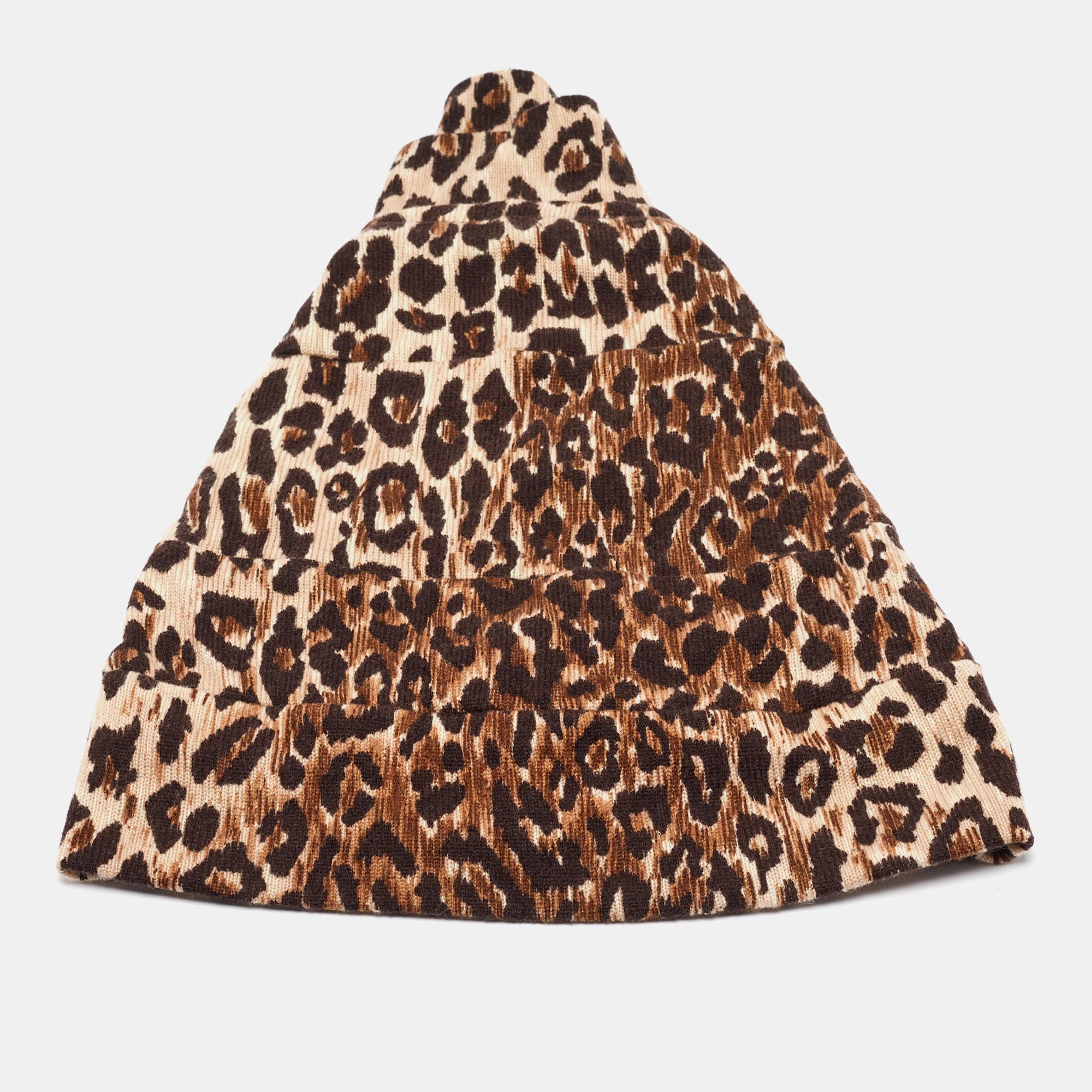 Dolce & gabbana brown leopard pattern cashmere tiered beanie hat size 57