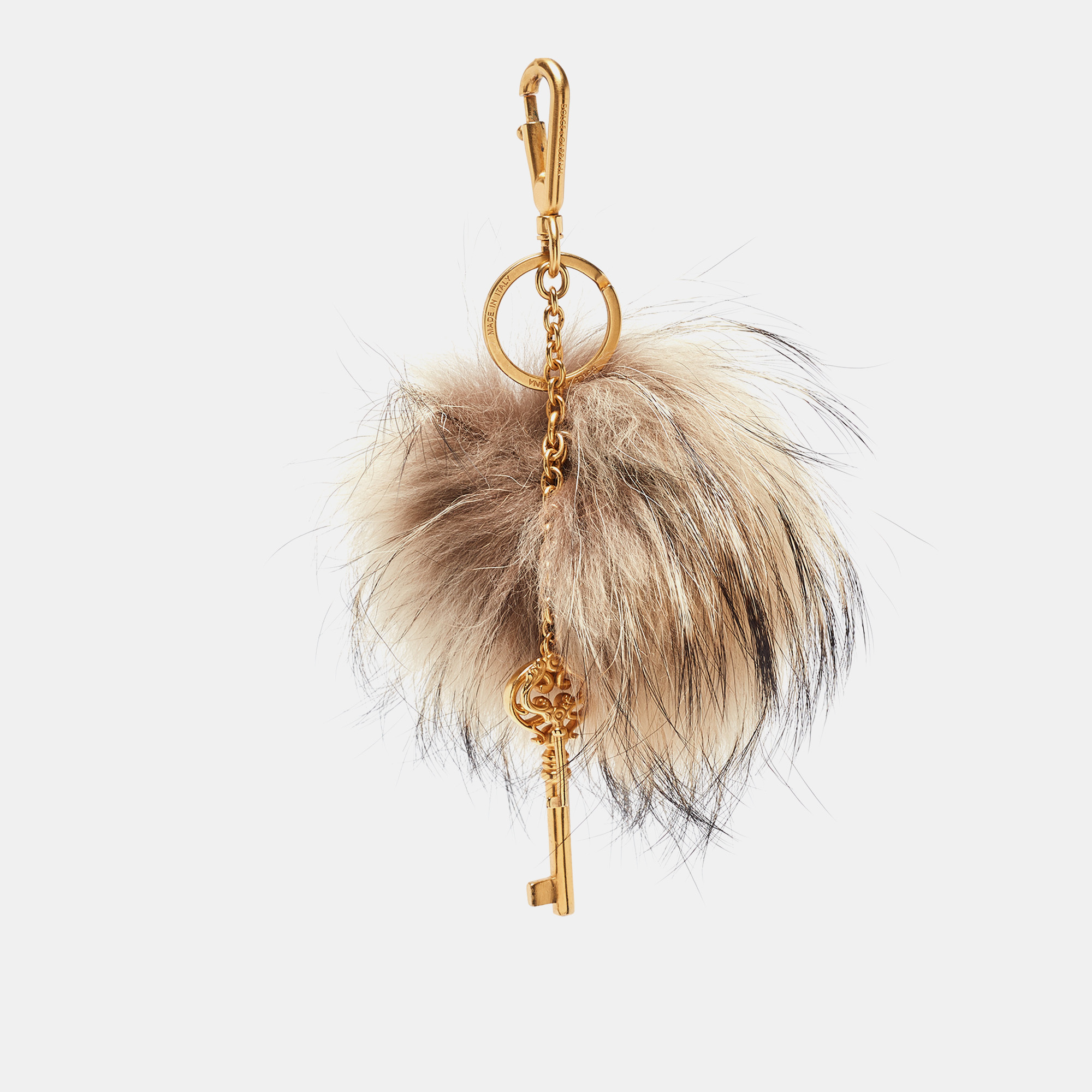Dolce & gabbana beige fox fur & keys charm keychain & bag charm