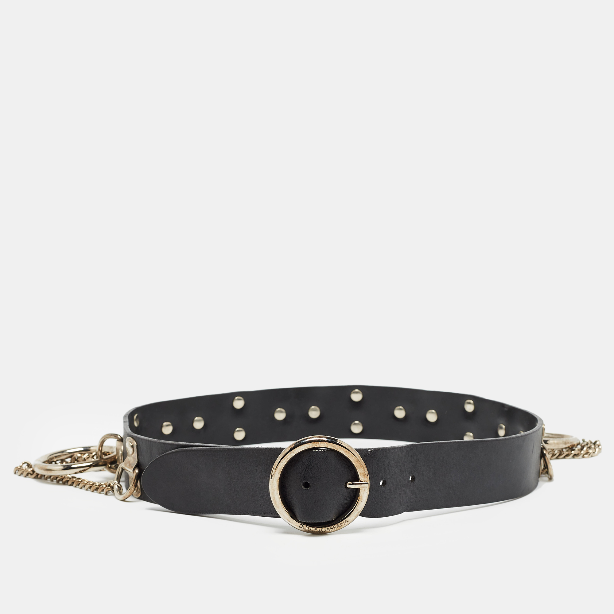 Dolce & gabbana black leather chain ring detail waist belt 85cm