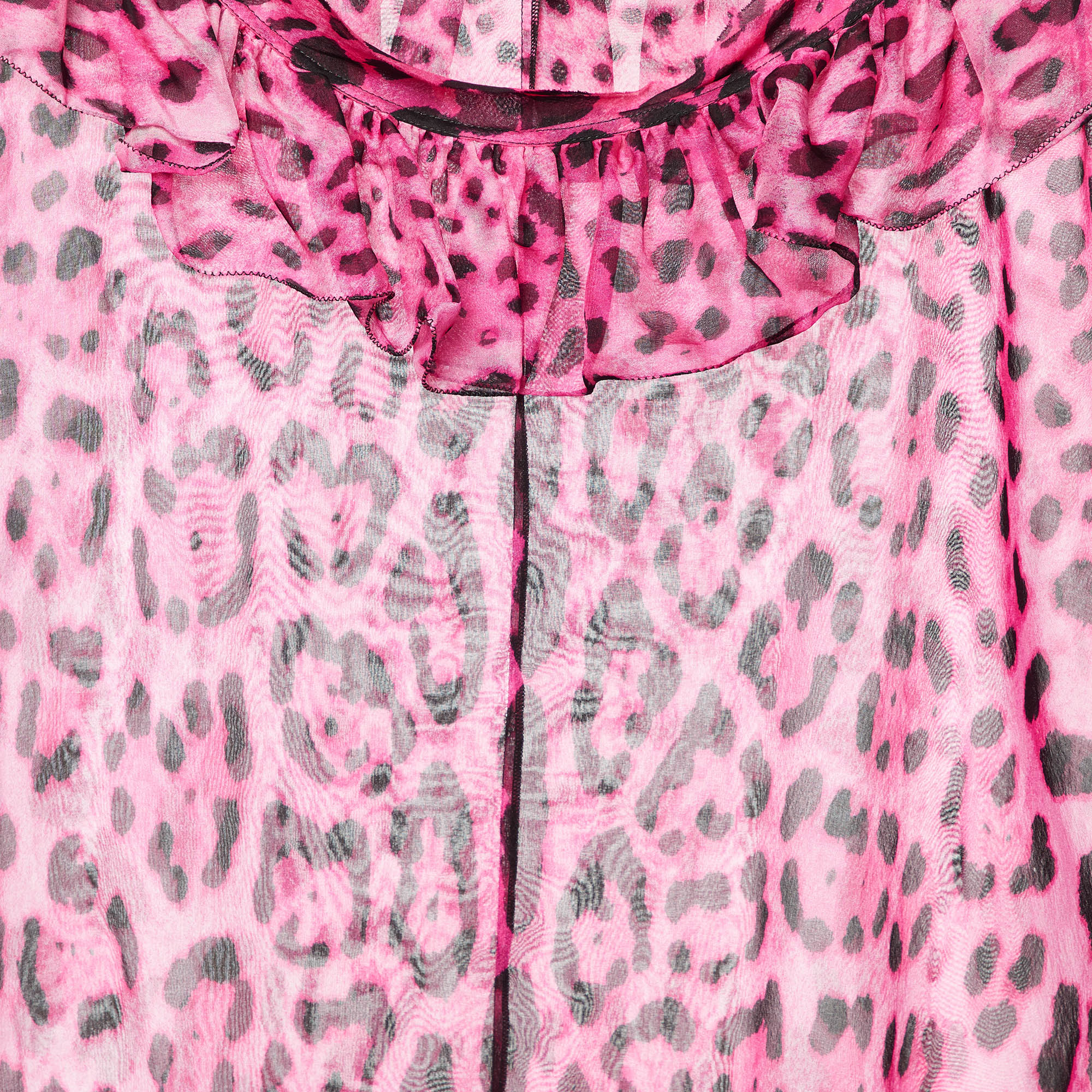 Dolce & Gabbana Pink Leopard Print Silk Ruffle Top L