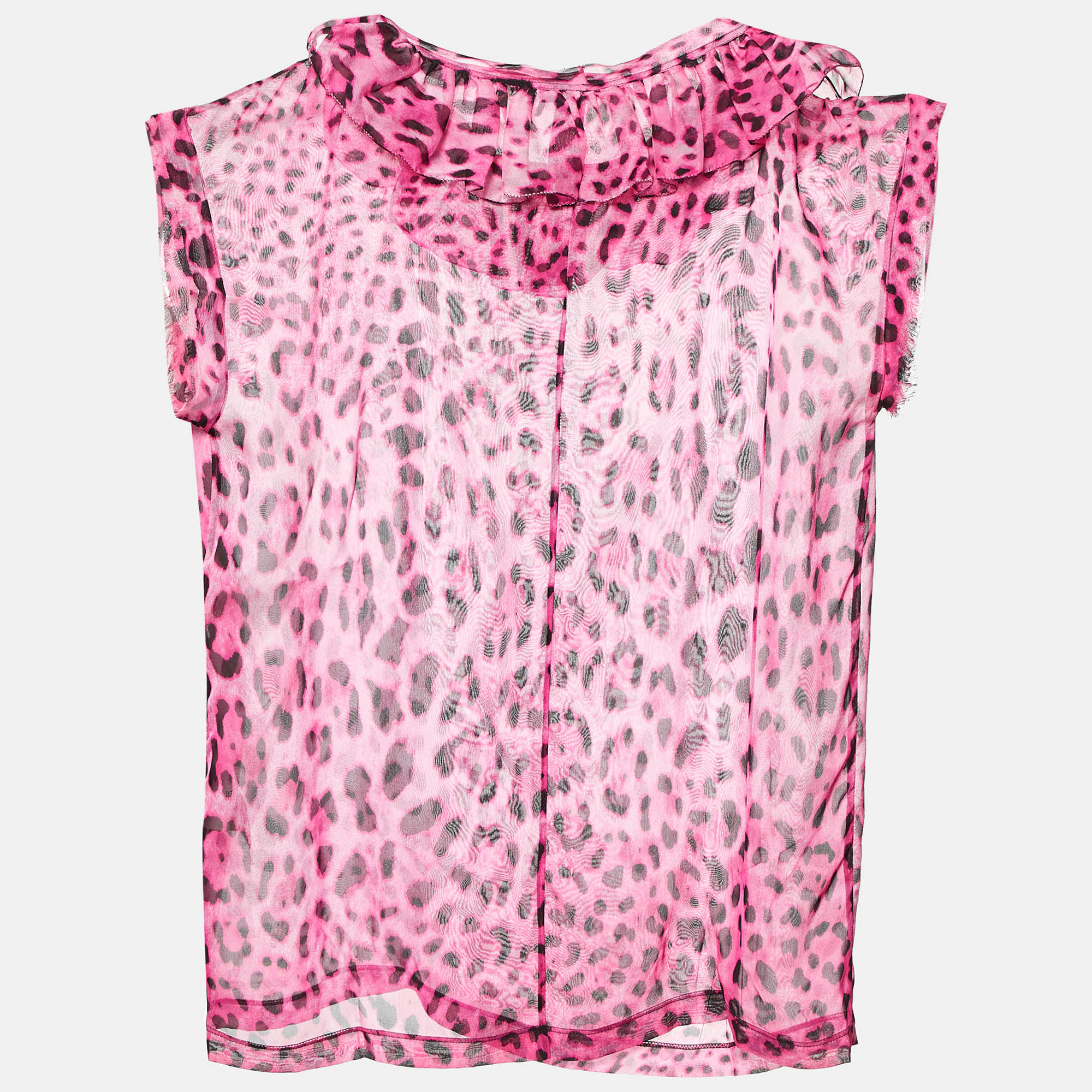 Dolce & Gabbana Pink Leopard Print Silk Ruffle Top L