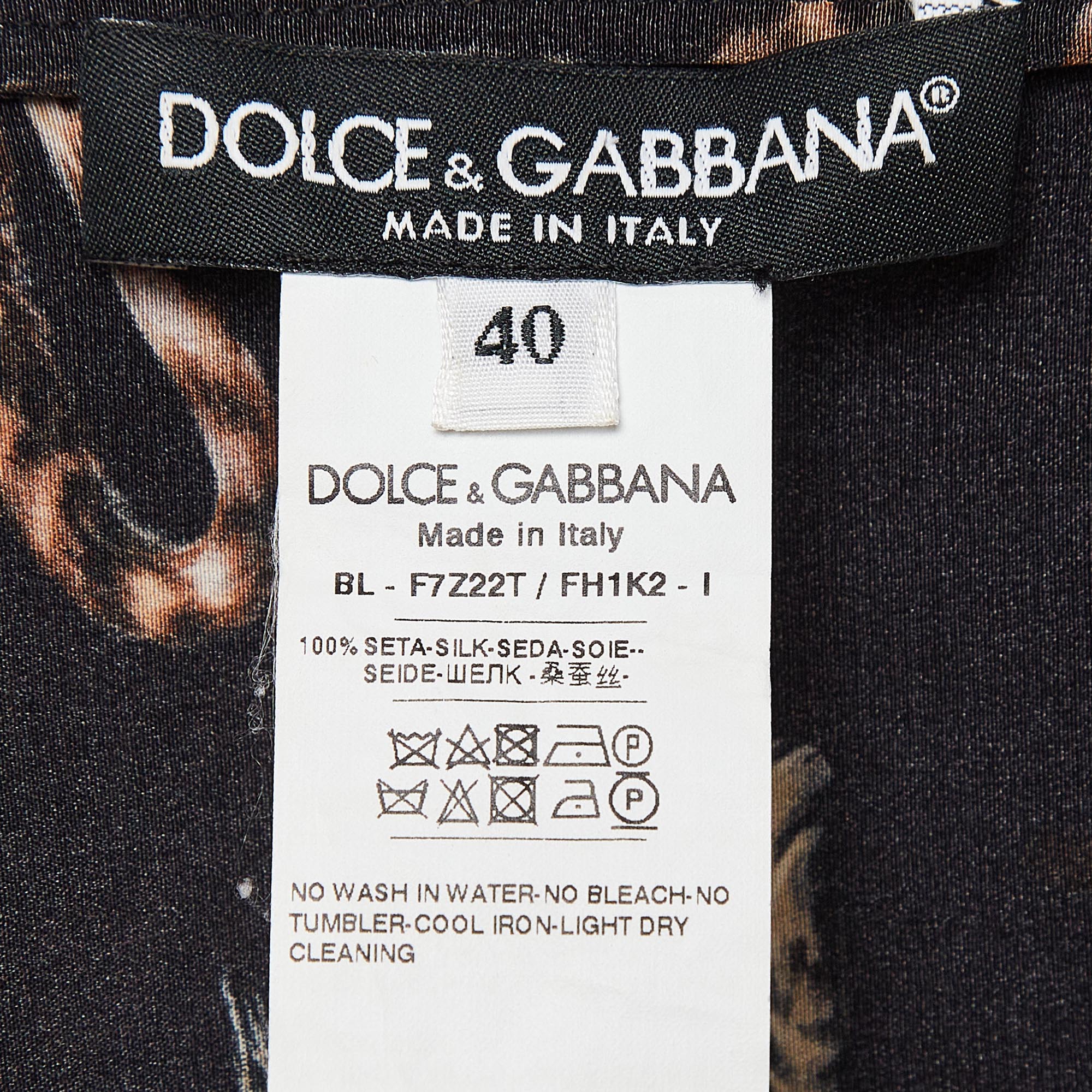 Dolce & Gabbana Black Cat Print Silk Top S