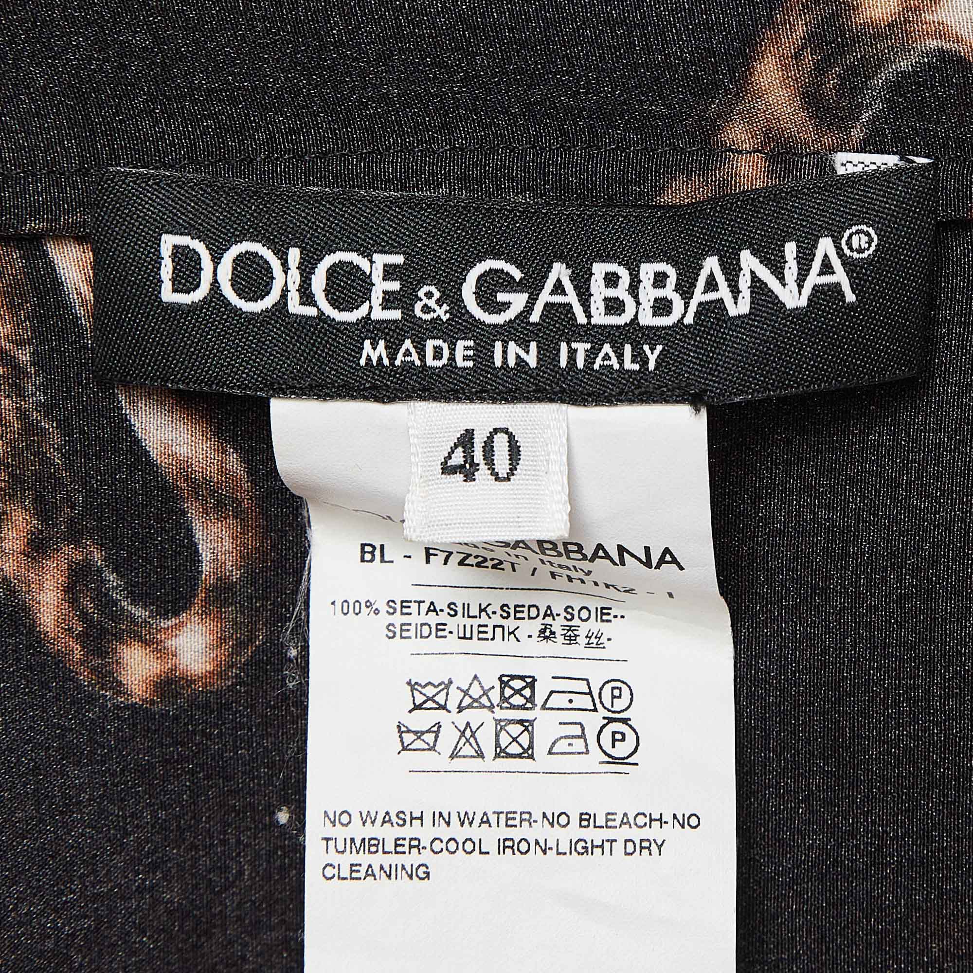 Dolce & Gabbana Black Cat Print Silk Top S