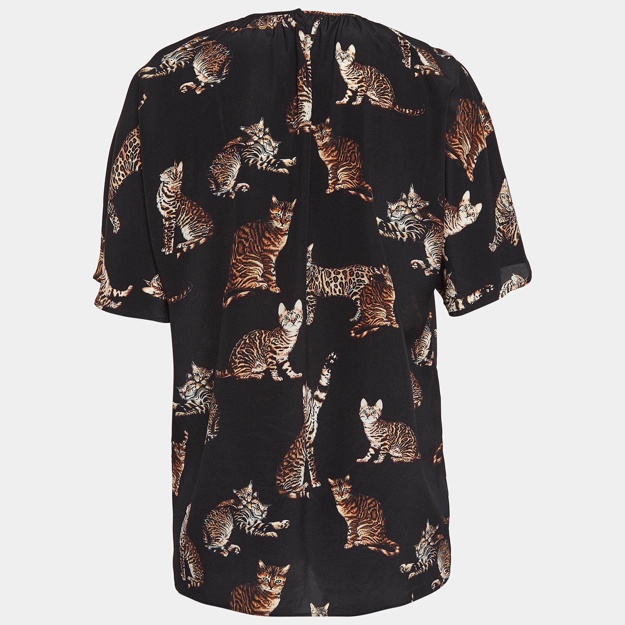 Dolce & Gabbana Black Cat Print Silk Top S