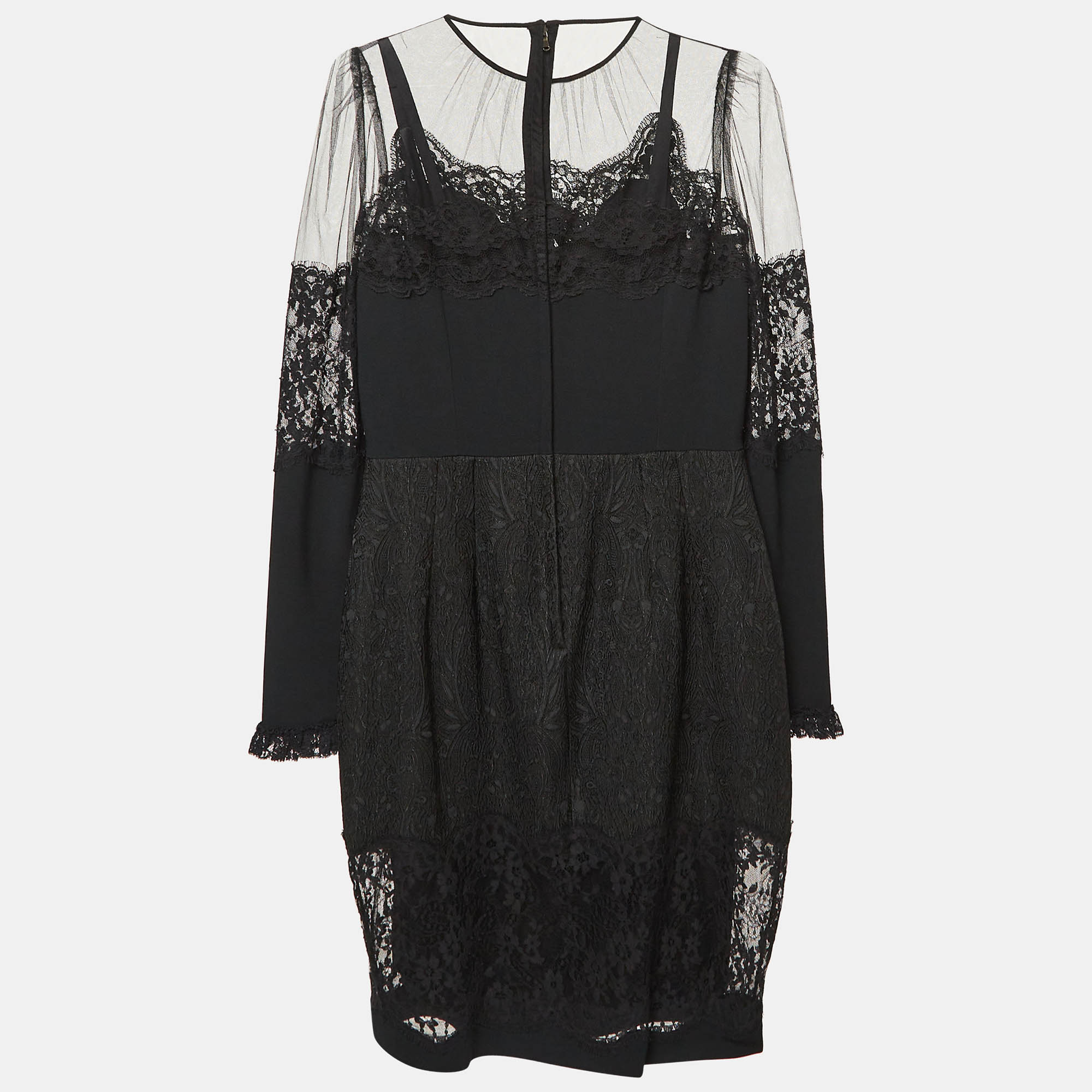 Dolce & Gabbana Black Lace Trim Tulle And Jacquard Midi Dress M