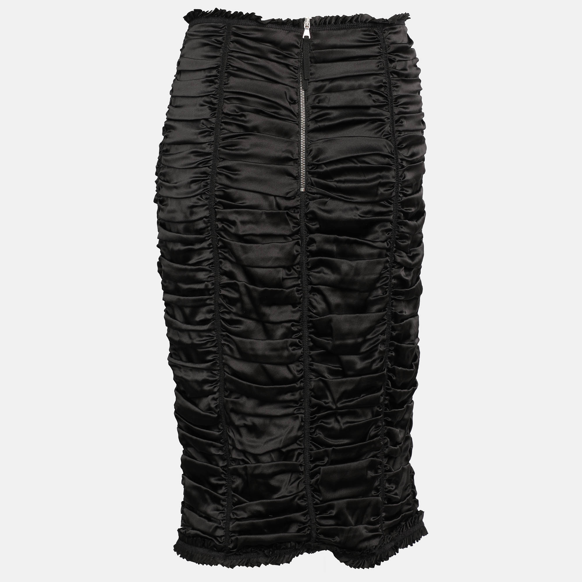 D&G Black Silk Ruched Detail Midi Skirt L