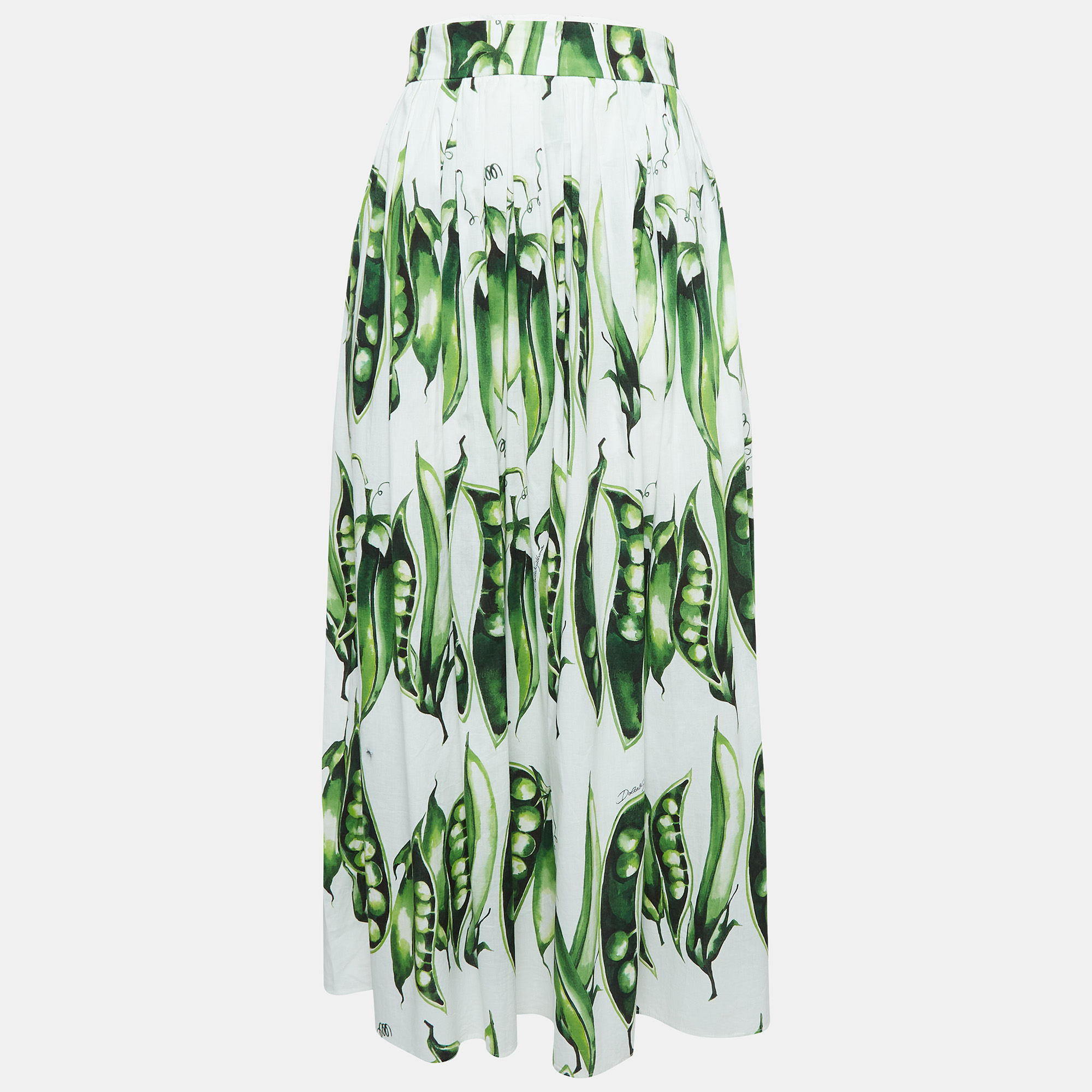 Dolce & Gabbana White/Green Peas Print Cotton Midi Skirt L