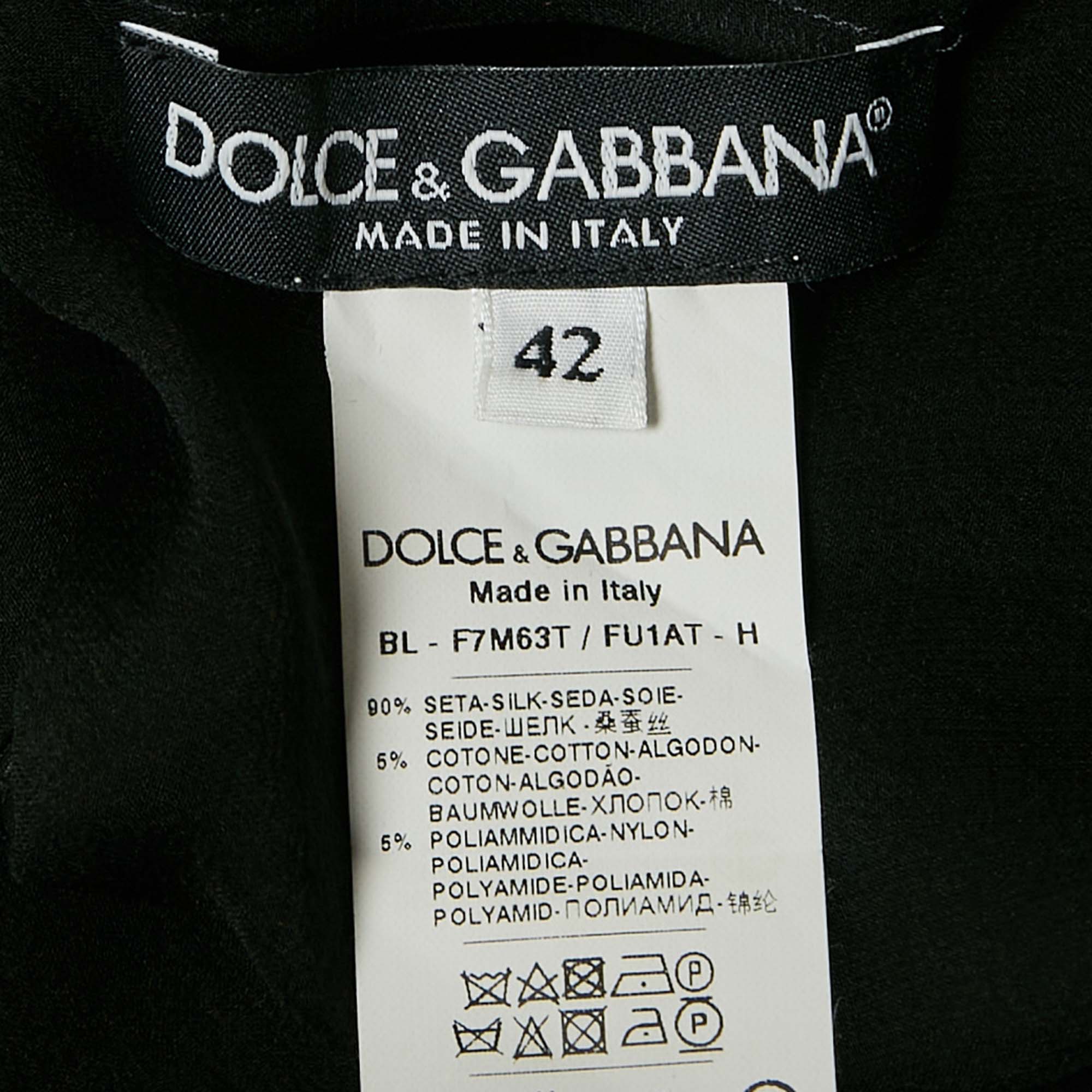 Dolce & Gabbana Black Sheer Silk Lace Trim Button Front Top M