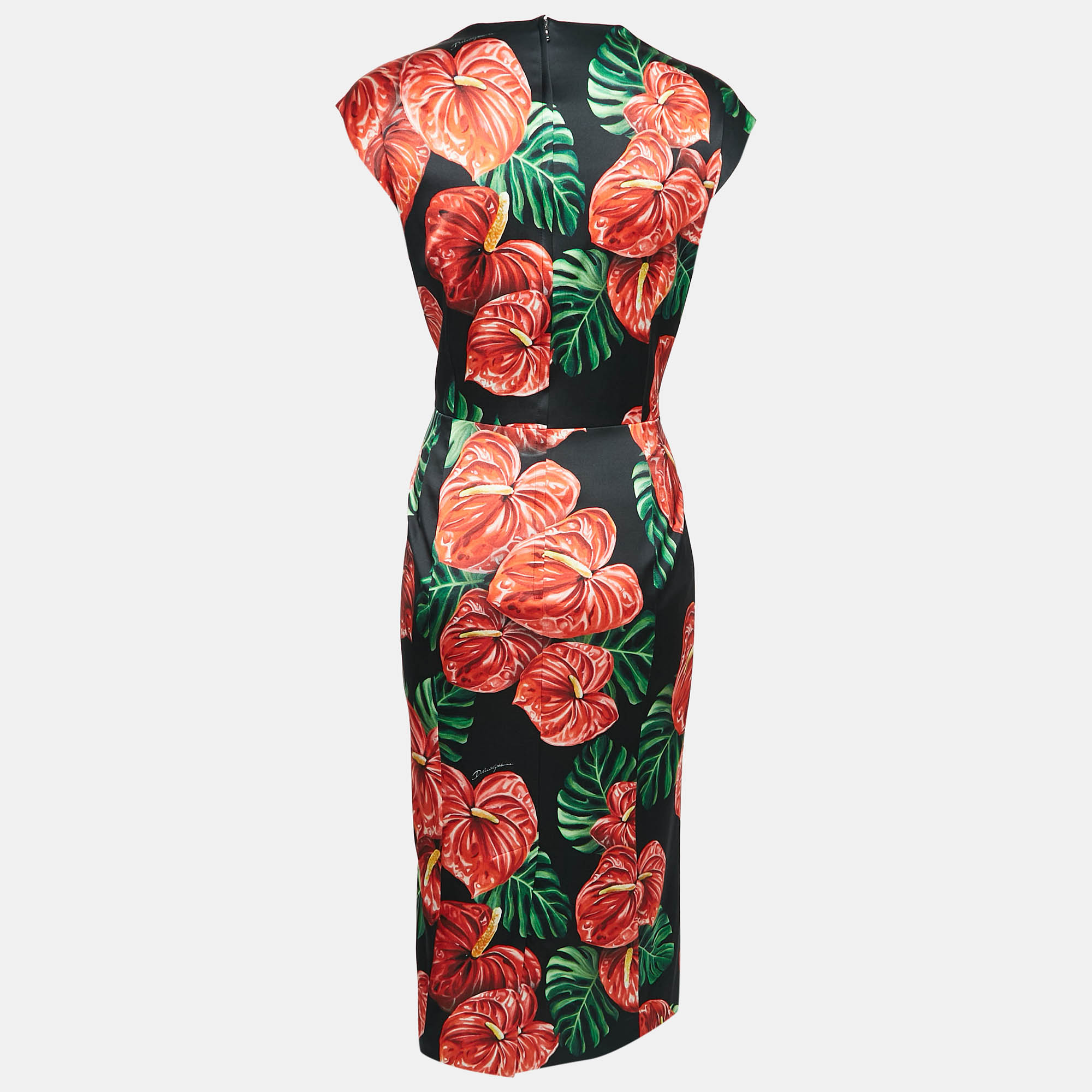 Dolce & Gabbana Black Anthurium Print Satin Silk Midi Dress XL