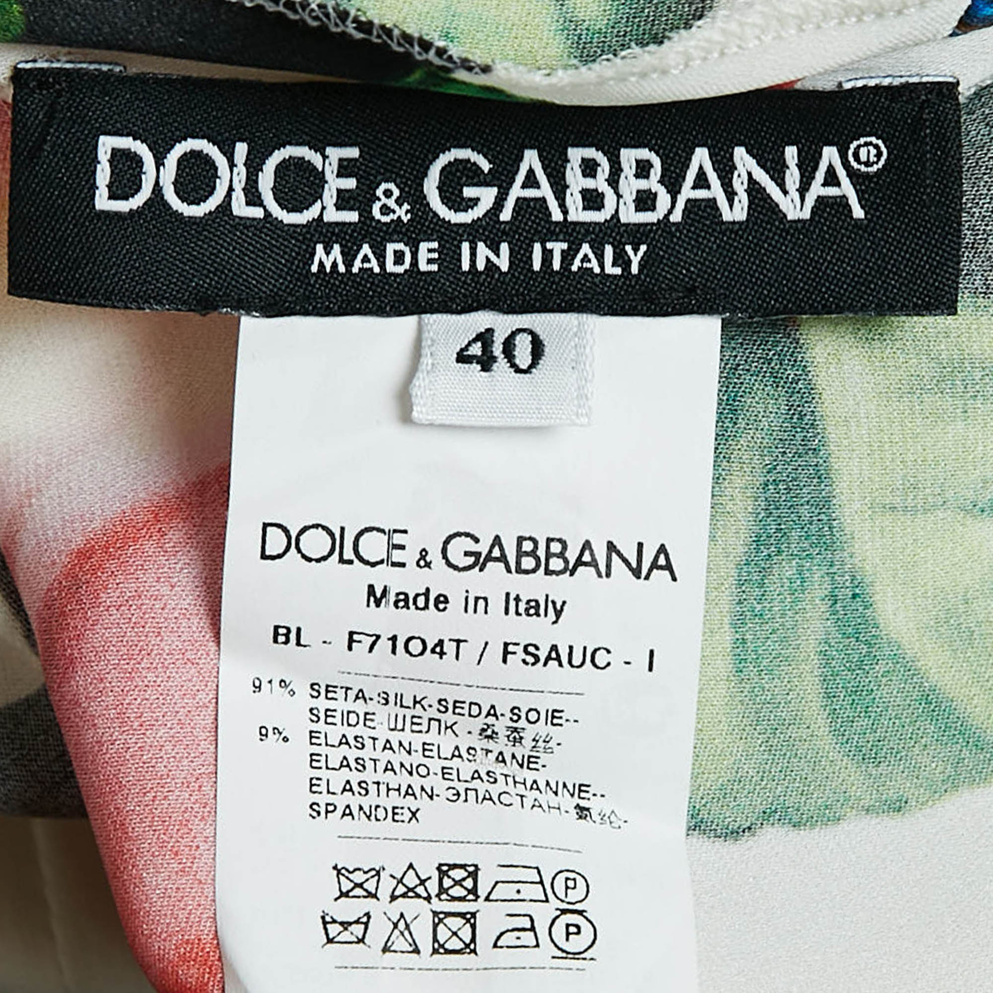 Dolce & Gabbana White Printed Silk V-Neck Top S