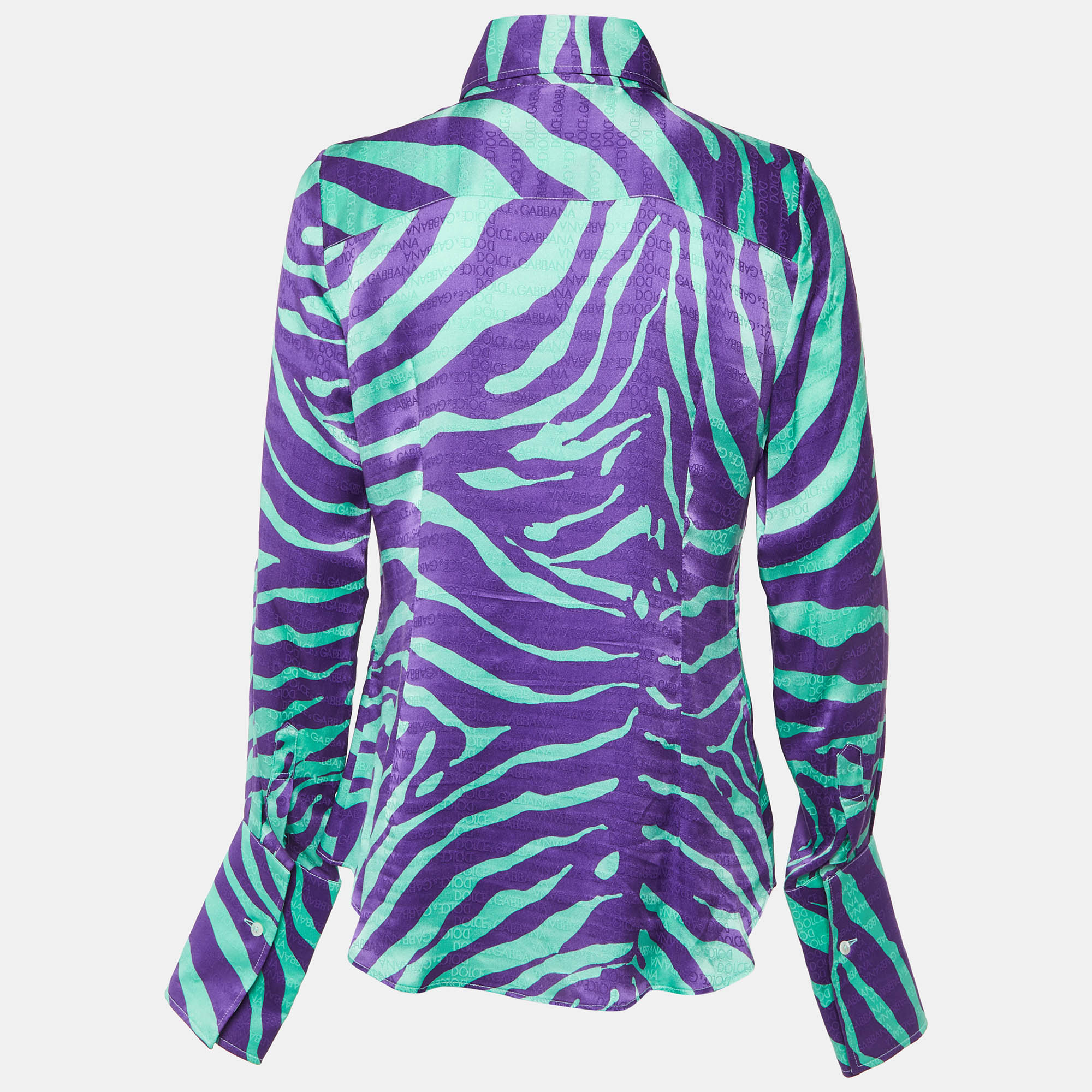 Dolce & Gabbana Green/Purple Tiger Print Logo Jacquard Silk Shirt L