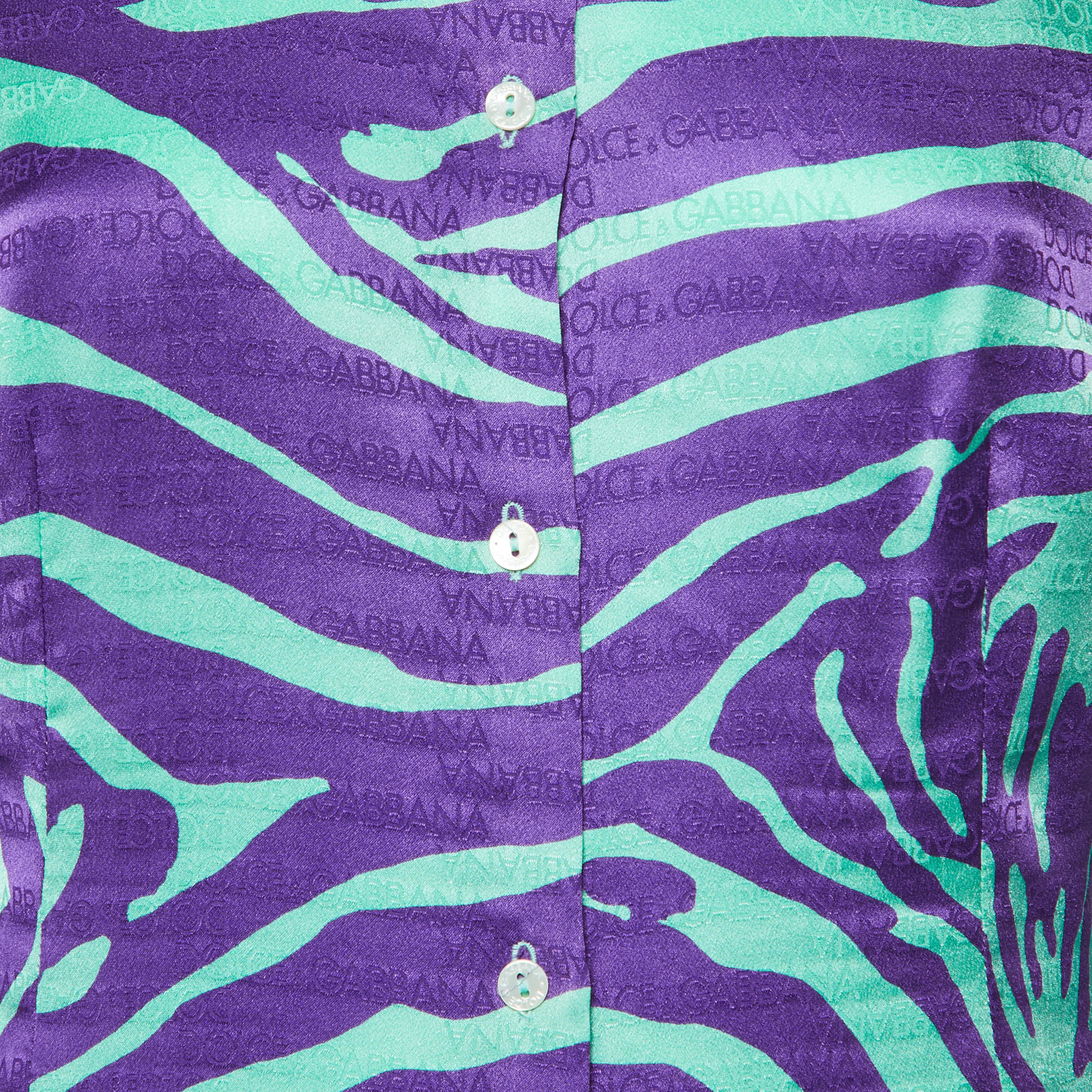 Dolce & Gabbana Green/Purple Tiger Print Logo Jacquard Silk Shirt L