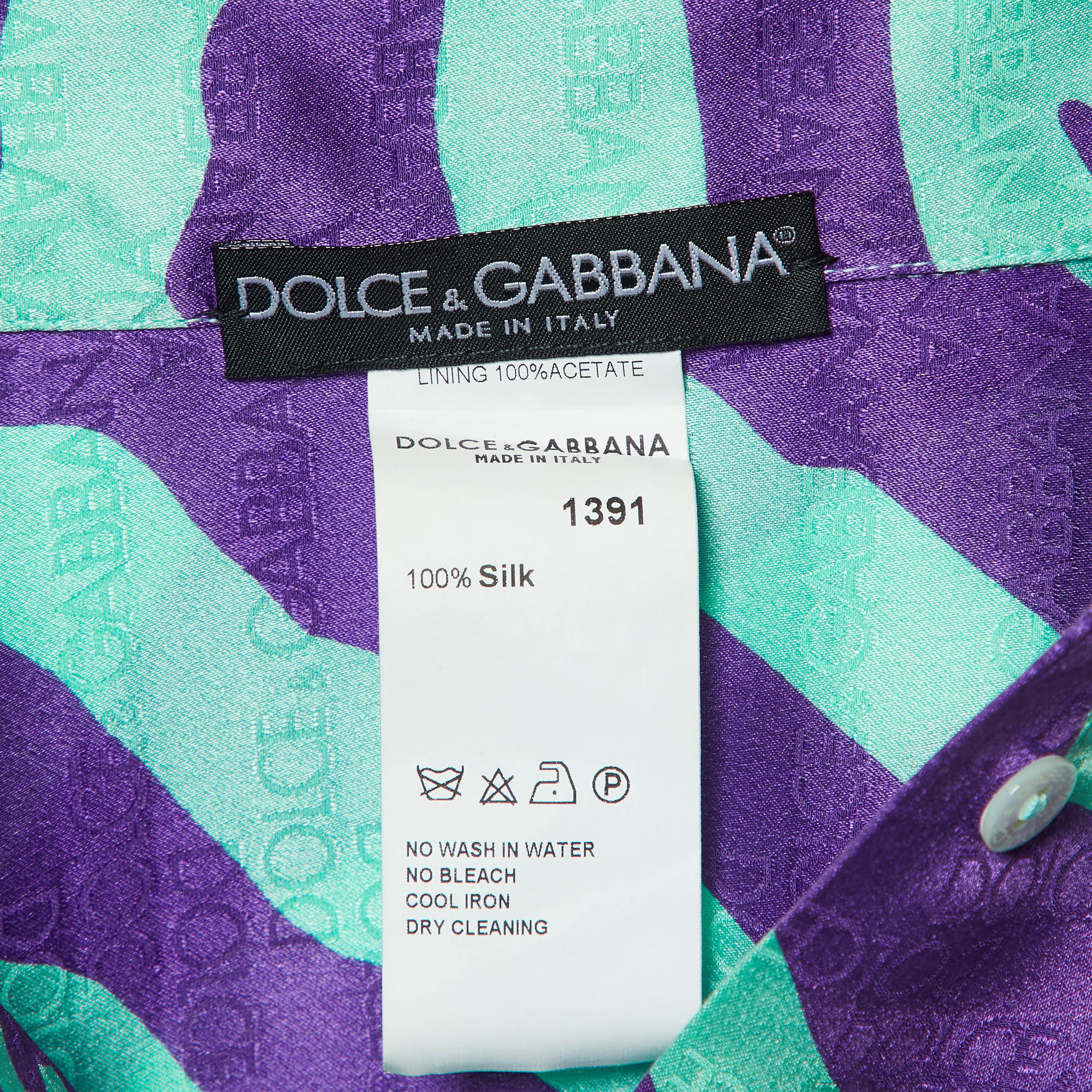 Dolce & Gabbana Green/Purple Tiger Print Logo Jacquard Silk Shirt L