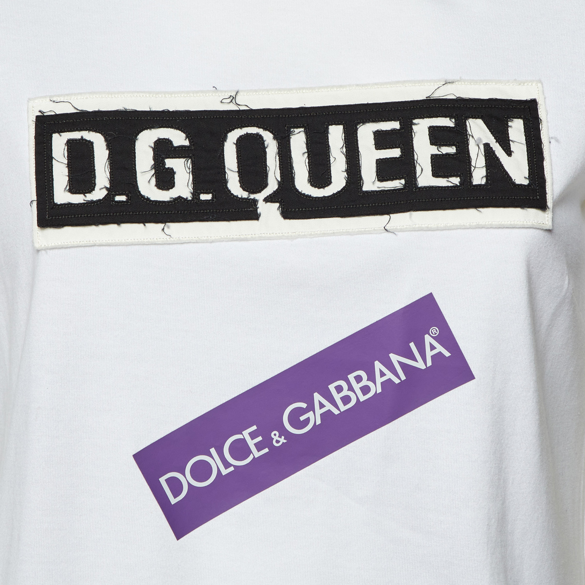 Dolce & Gabbana White Logo Print Cotton Patchwork Detail T-Shirt S