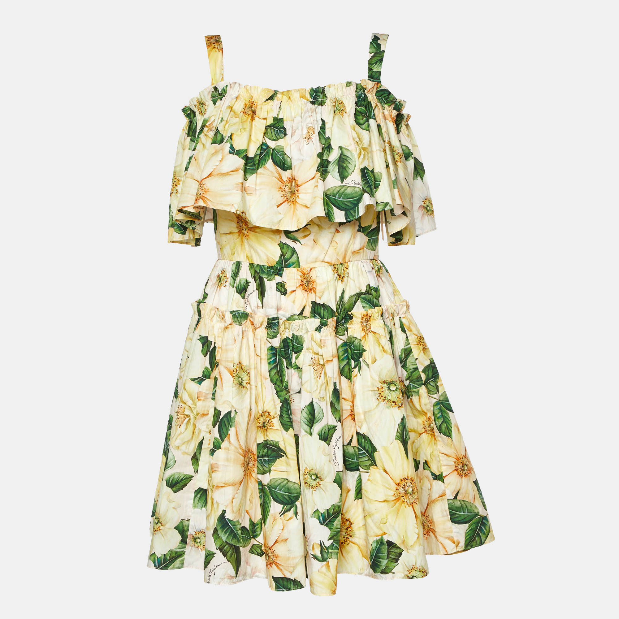 Dolce & Gabbana Yellow Floral Print Flounced Mini Dress M