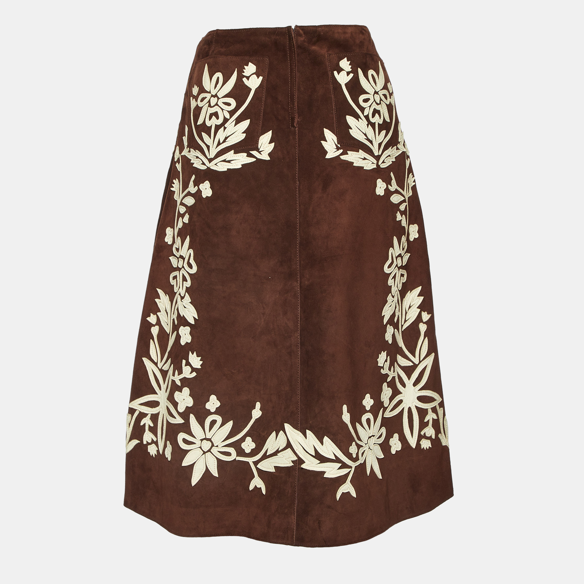 Dolce & Gabbana Brown Floral Applique Suede Midi Skirt M