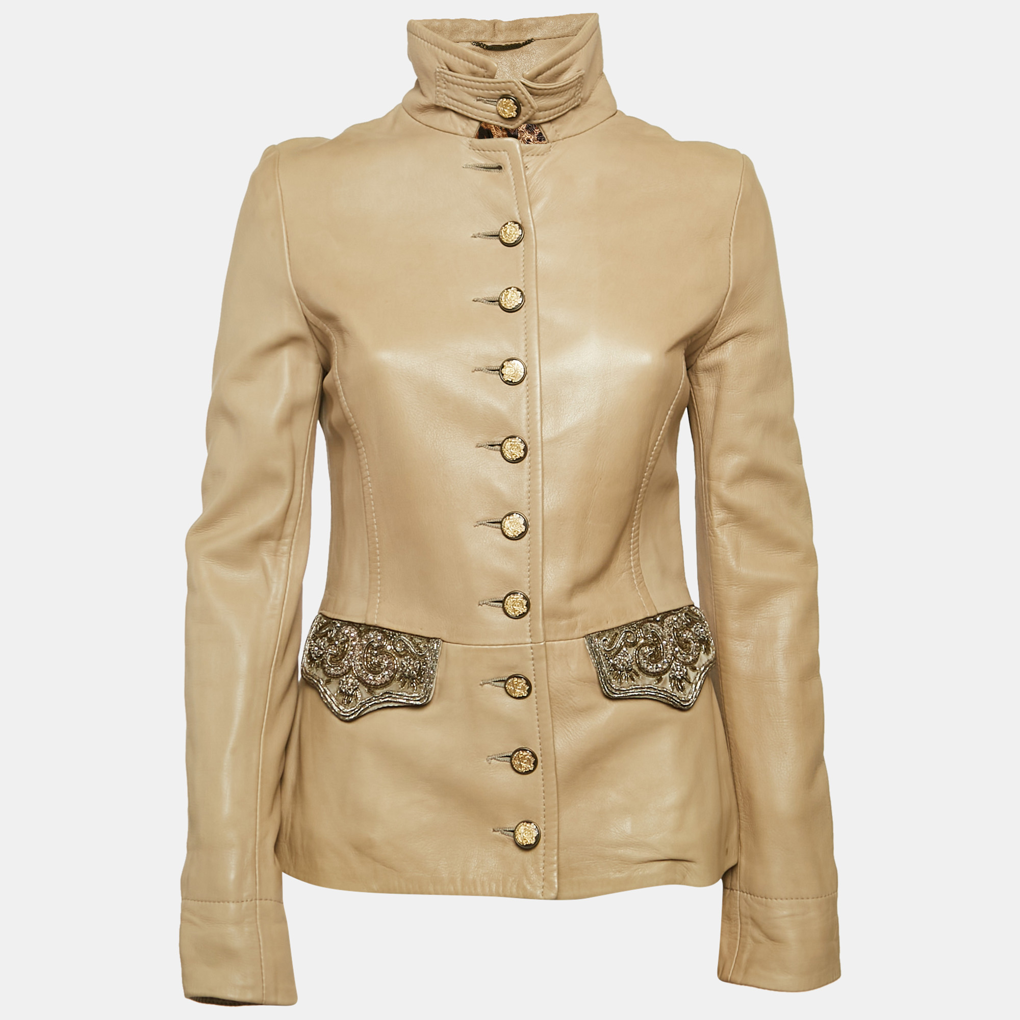 Dolce & Gabbana Beige Embellished Leather Button Detail Jacket M