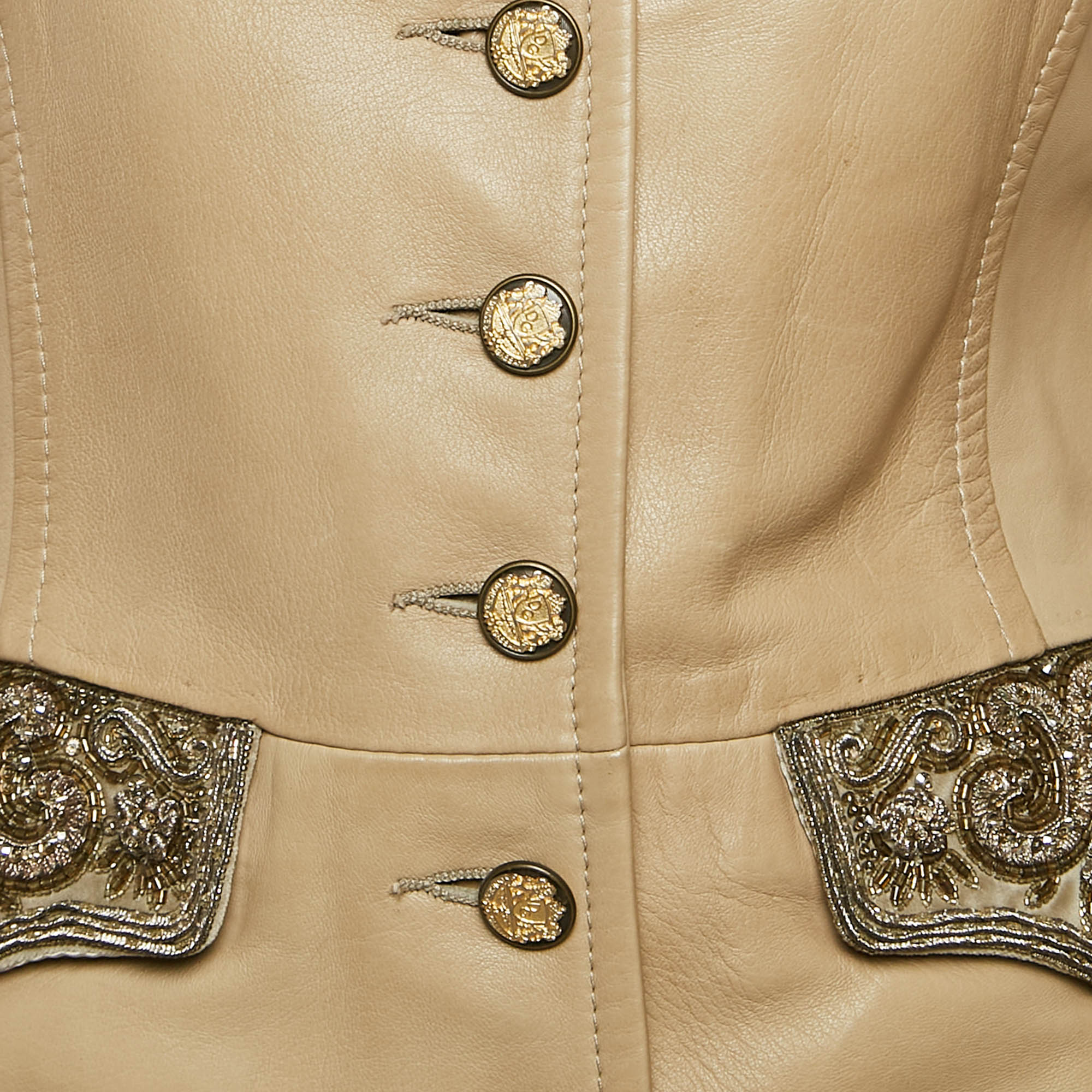 Dolce & Gabbana Beige Embellished Leather Button Detail Jacket M