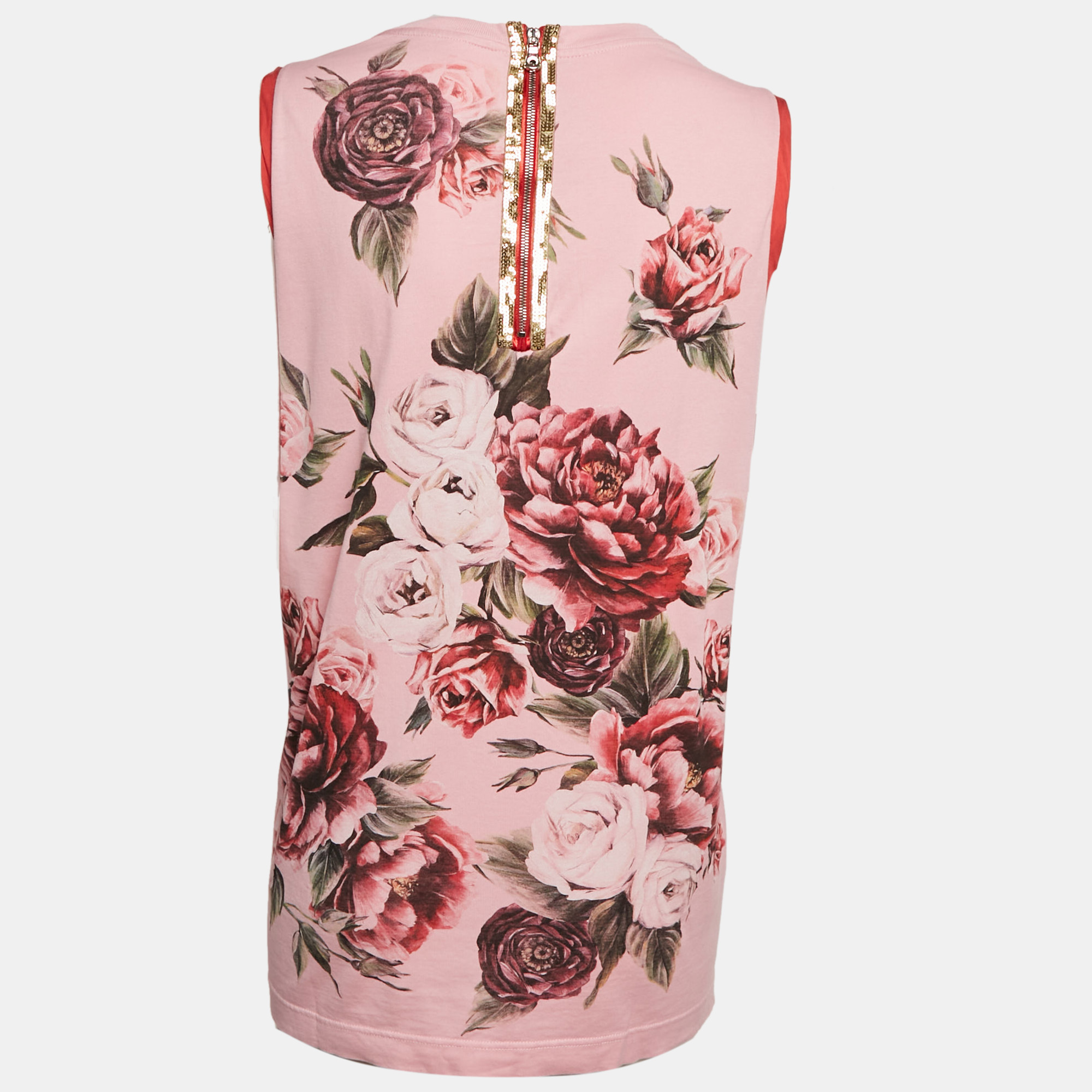 Dolce & Gabbana Pink Floral Print Jersey Sequin Embellished Sleeveless T-Shirt L