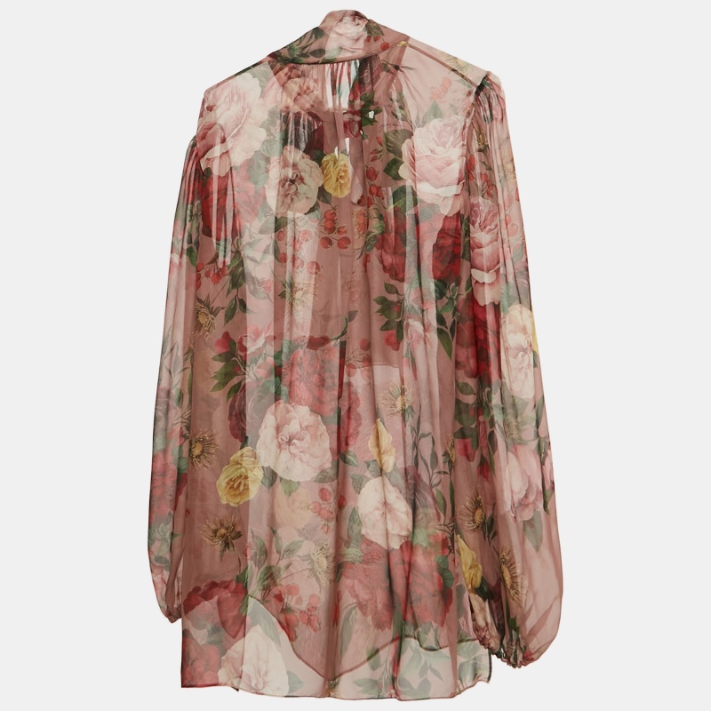 Dolce & Gabbana Multicolor Floral Print Silk Neck-Tie Blouse L