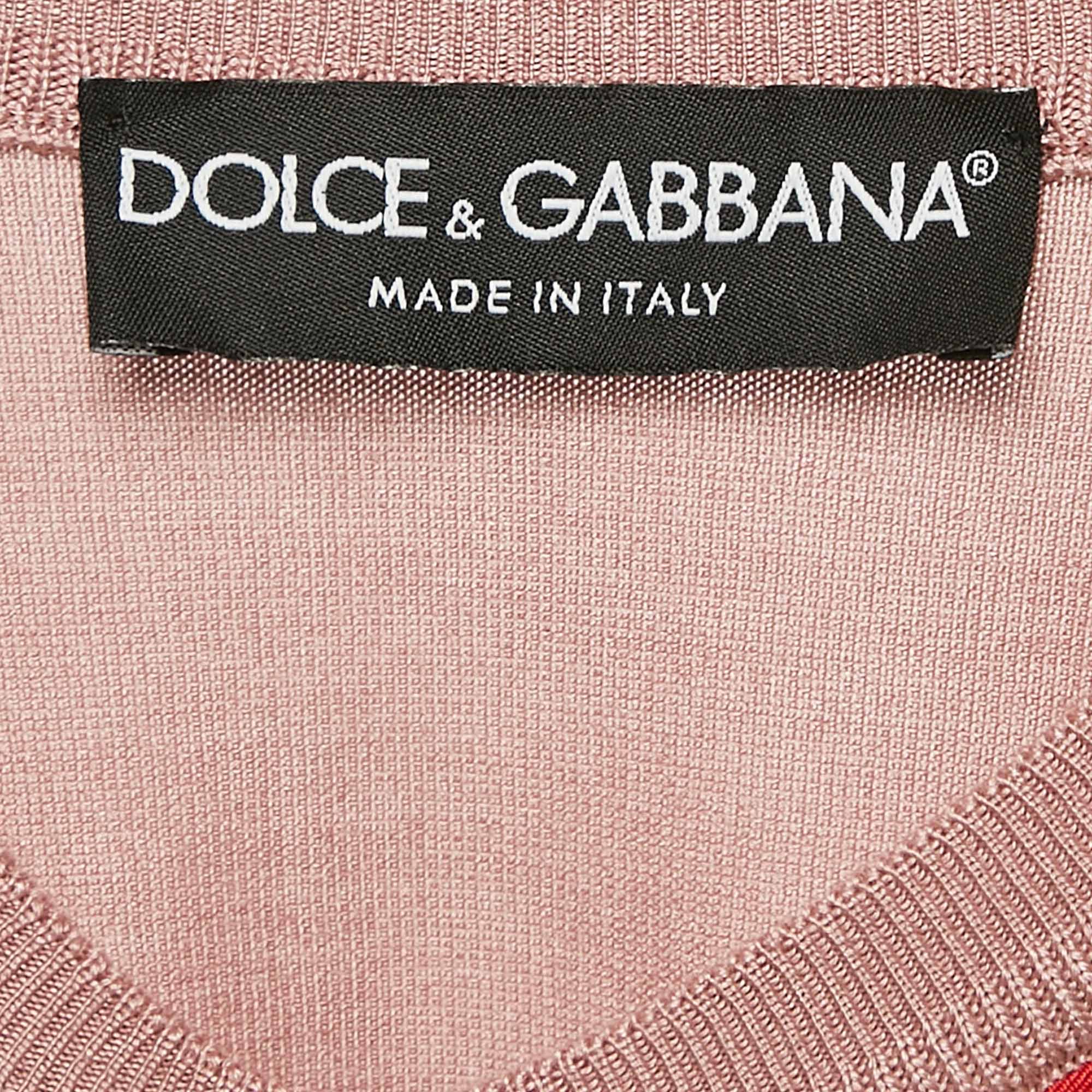 Dolce & Gabbana Pink Floral Print Silk And Rib Knit Cardigan S