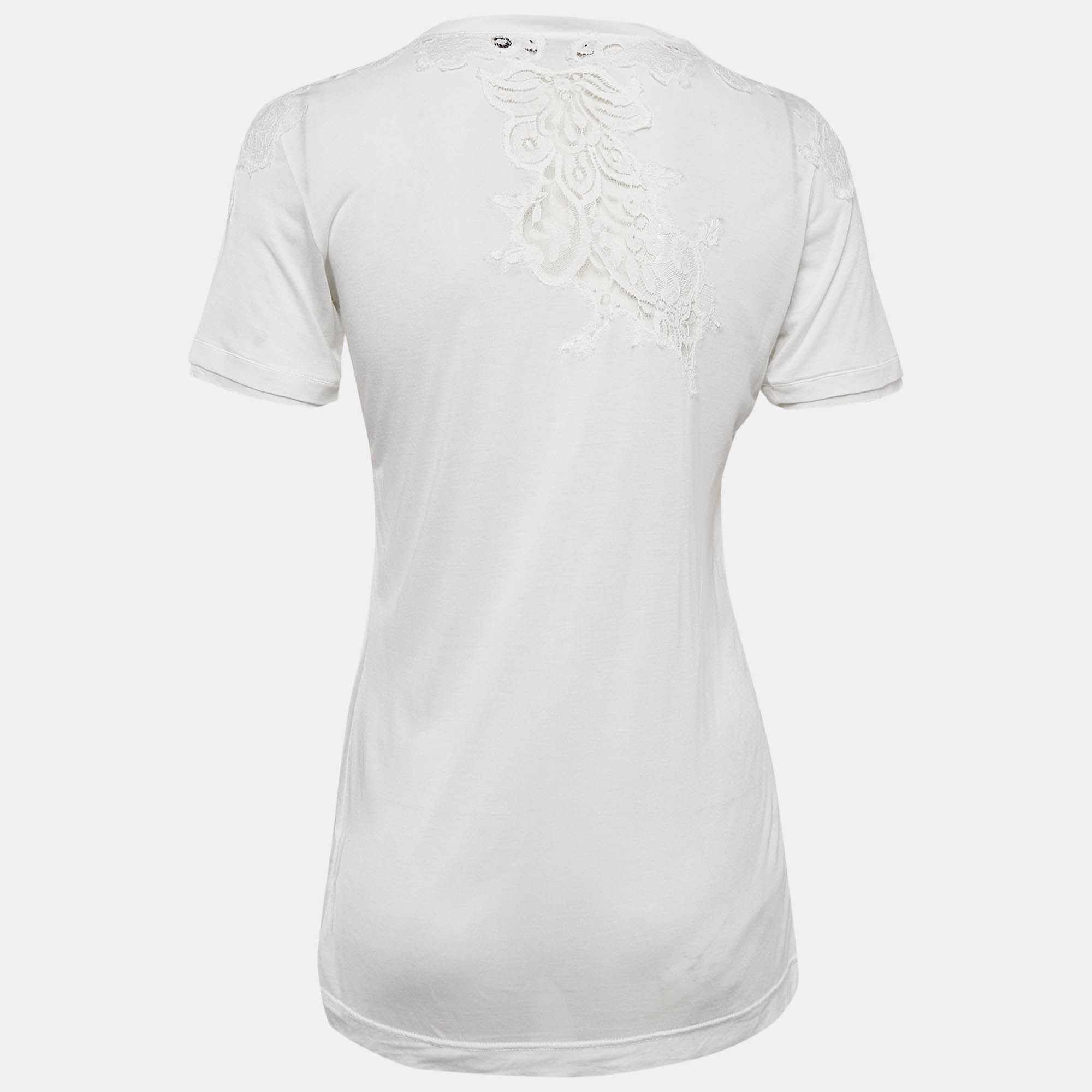 Dolce & Gabbana White Modal & Lace Trim Crew Neck Top M