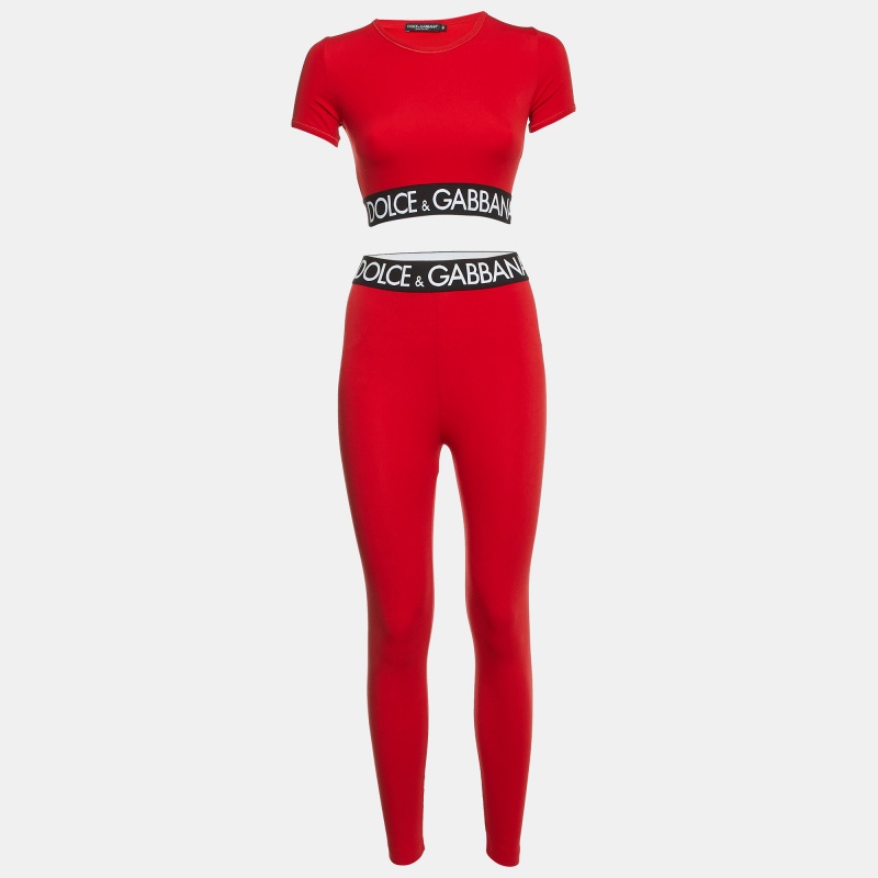 Dolce & Gabbana Red Jersey Logo Detail Leggings & Crop Top Set S