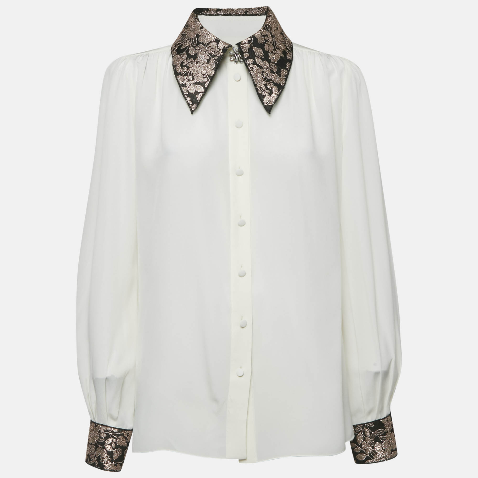 Dolce & Gabbana x Sartoria Italiana Ecru Brocade Trim Silk Shirt M, Cream
Dolce & Gabbana x Sartoria Italiana Ecru Brocade Trim Silk Shirt M, Cream