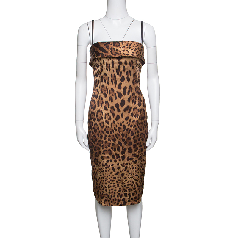 Фото #1: Dolce and Gabbana Brown Leopard Printed Satin Sheath Dress S