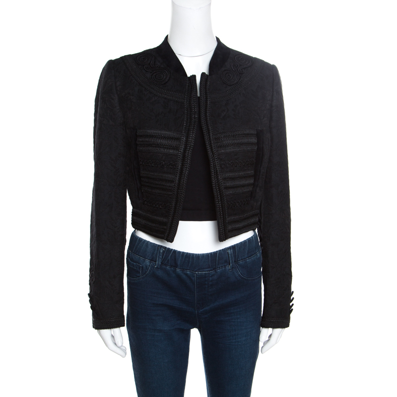 Image of Dolce & Gabbana Black Jacquard Corded Applique Velvet Trim Cropped Jacket S