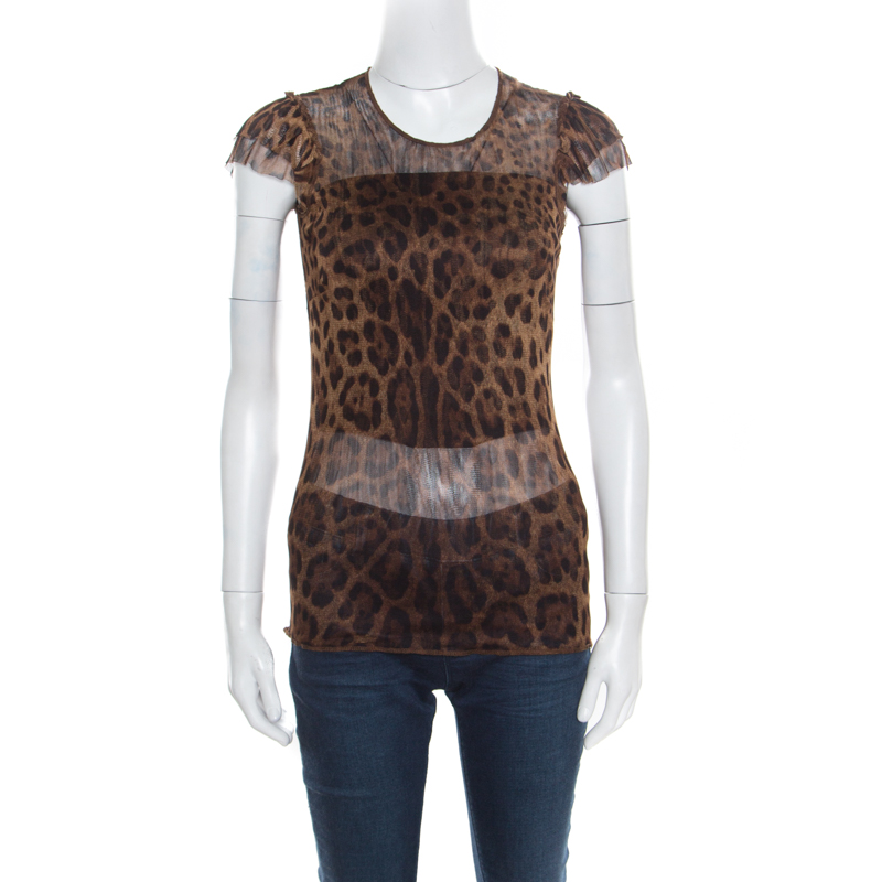 Image of Dolce & Gabbana Brown Animal Printed Ruffled Sleeve Mesh Top S