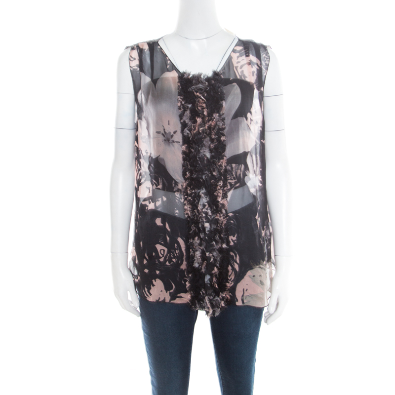 

Dolce & Gabbana Black Floral Printed Sheer Silk Ruffled Applique Detail Sleeveless Top